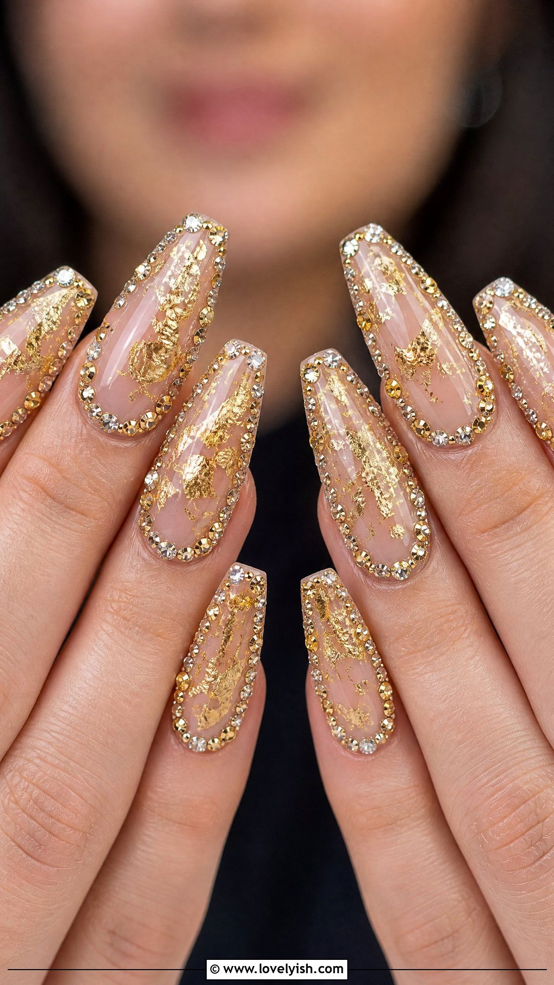 Gold Foil Nails With Mixed Rhinestone Border - 29 nail designs with rhinestones - 29 nail designs with rhinestones
