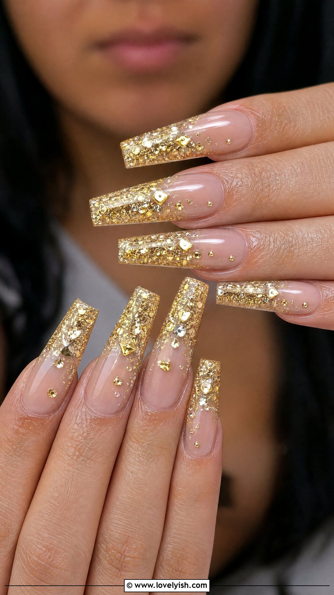 Gold Glitter Encrusted Tip Nails - 50 sparkly nails - 50 sparkly nails
