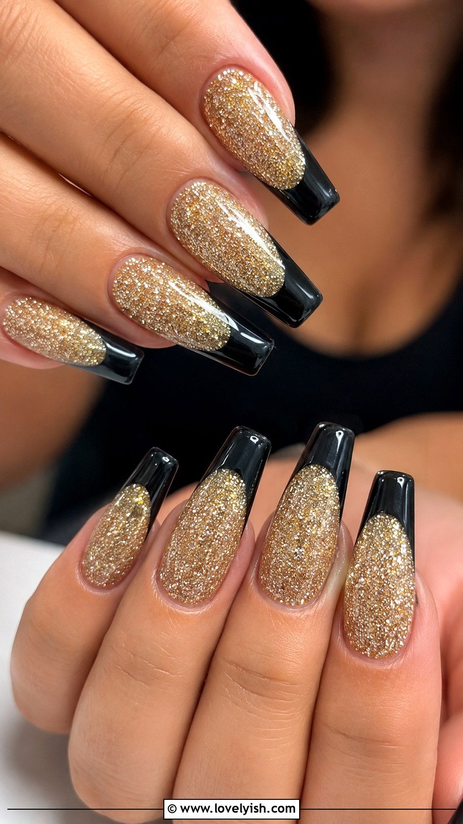 Gold Glitter Nails with Black French Tips - 50 black and gold nail designs - 50 black and gold nail designs