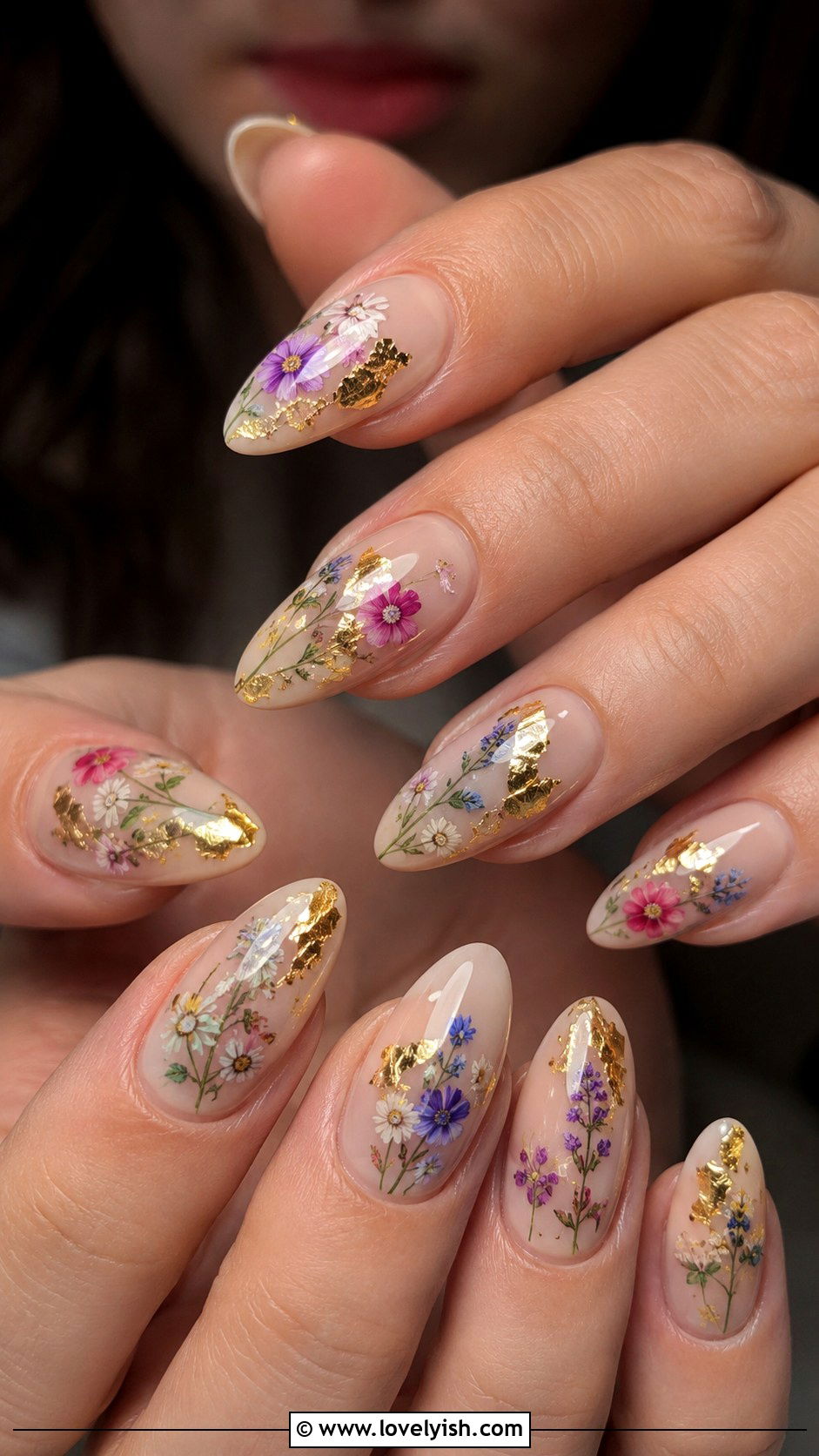 Gold Leaf Floral Nails - 25 flower nails design ideas - 25 flower nails design ideas