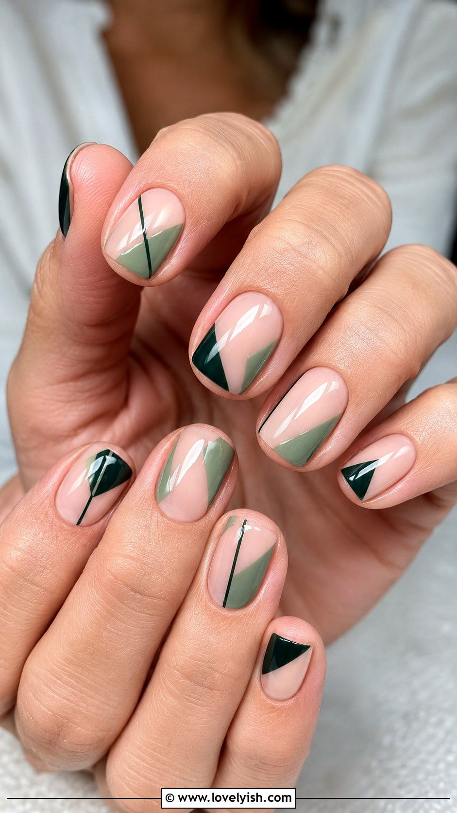 Green and Nude Geometric Nails - 38 green nail designs - 38 green nail designs