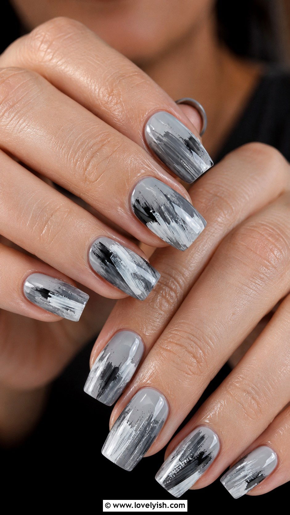 Grey Floral Hand Painted Nails - 50 grey nail designs - 50 grey nail designs