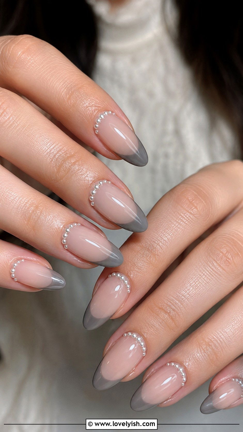 Grey French Tip with Pearl Cuticle - 50 grey nail designs - 50 grey nail designs