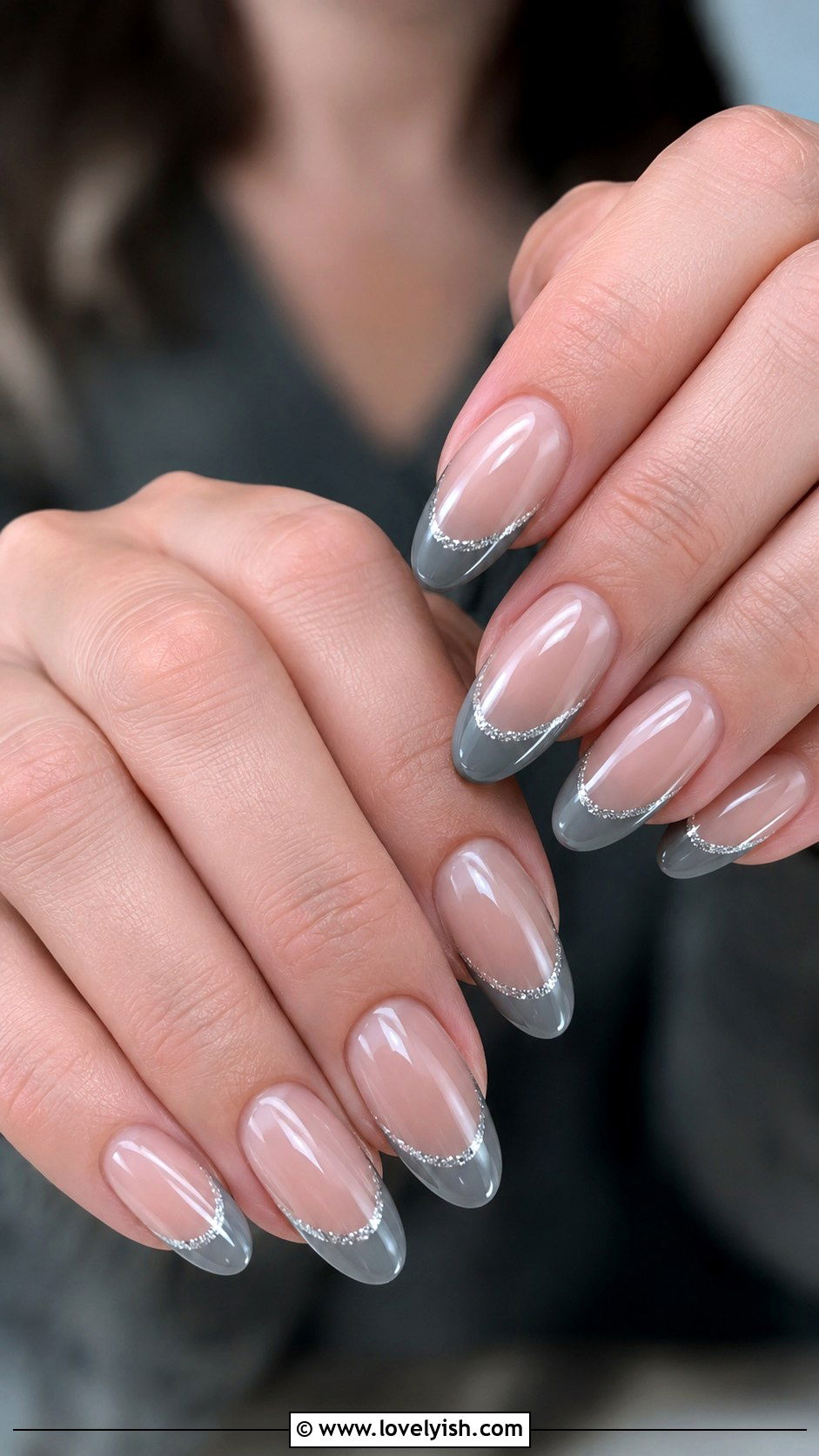 Grey French Tip with Silver Glitter Line - 50 grey nail designs - 50 grey nail designs