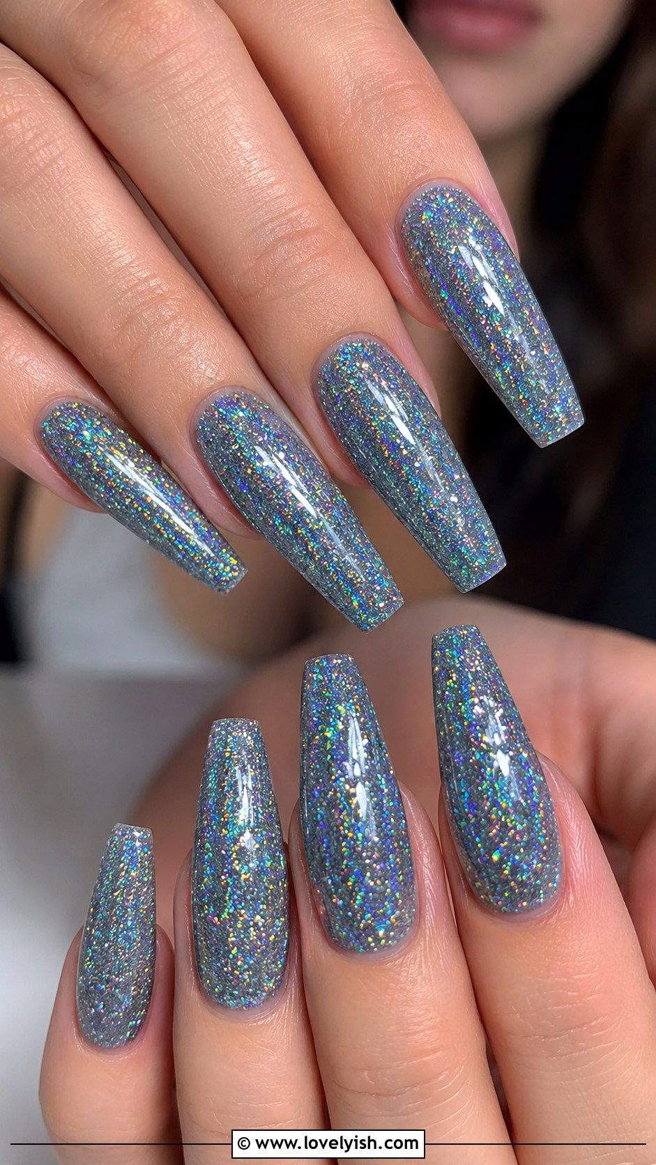 Grey Holographic Glitter Nails - 50 grey nail designs - 50 grey nail designs