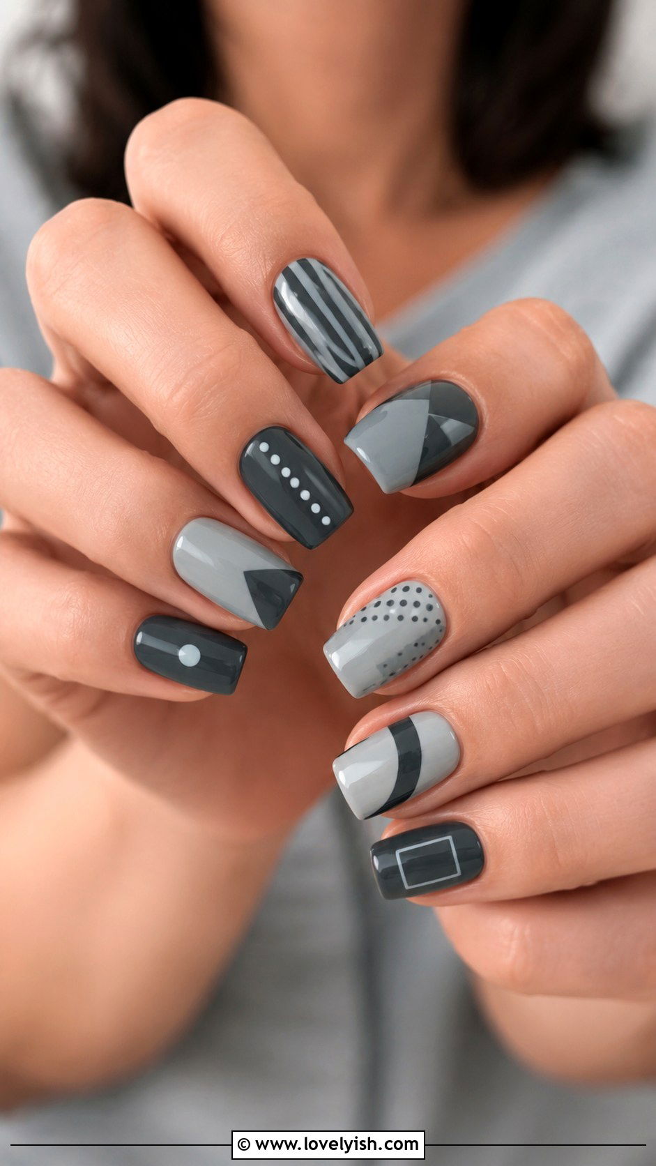 Grey Mismatched Geometric Nails - 50 grey nail designs - 50 grey nail designs