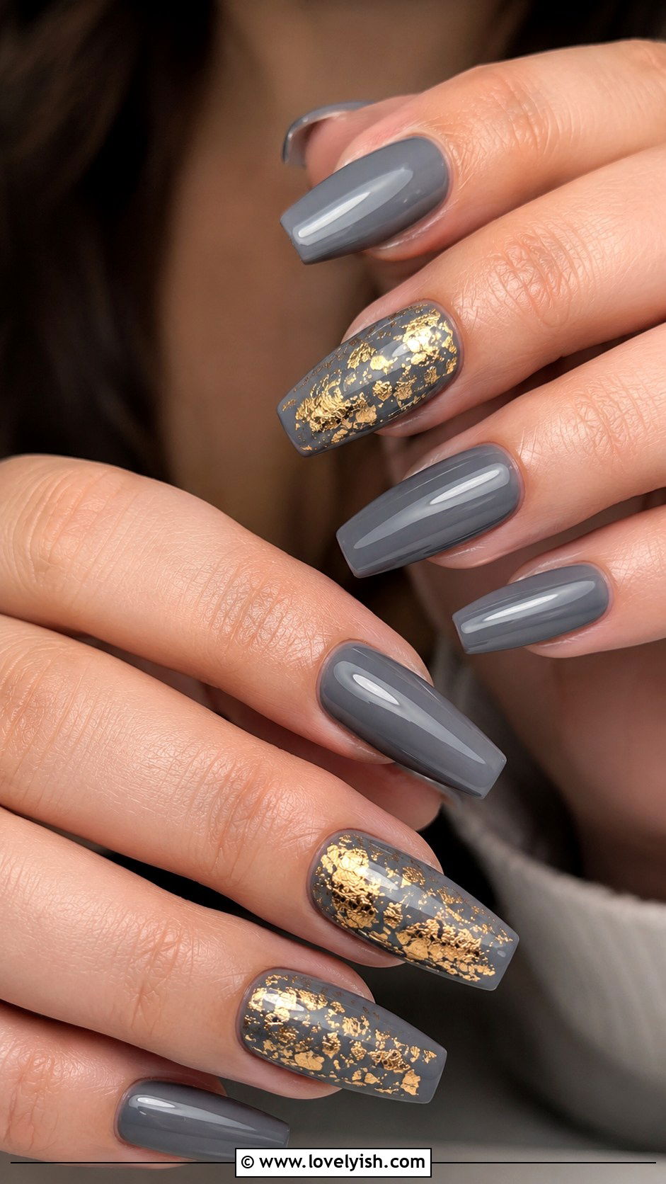 Grey and Gold Foil Accent Nails - 50 grey nail designs - 50 grey nail designs