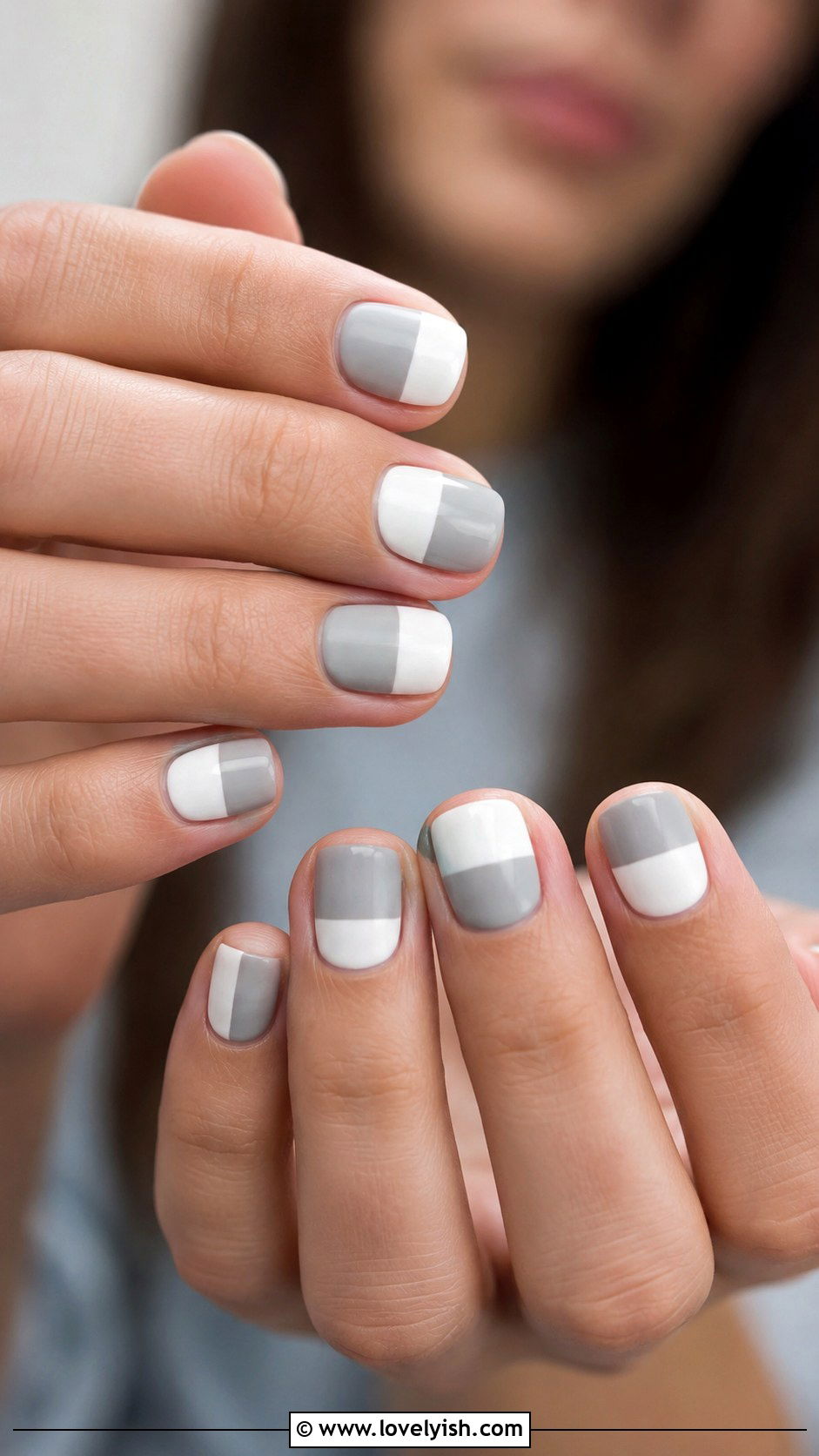Grey and White Color Block Short Nails - 50 work appropriate nails - 50 work appropriate nails
