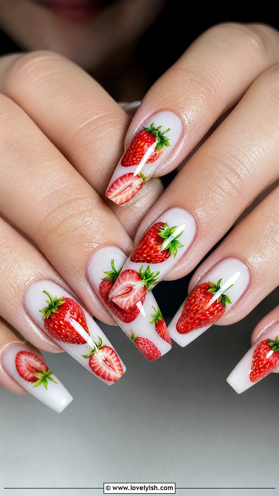Hand Painted Strawberry Coffin Nails - 50 strawberry nails - 50 strawberry nails