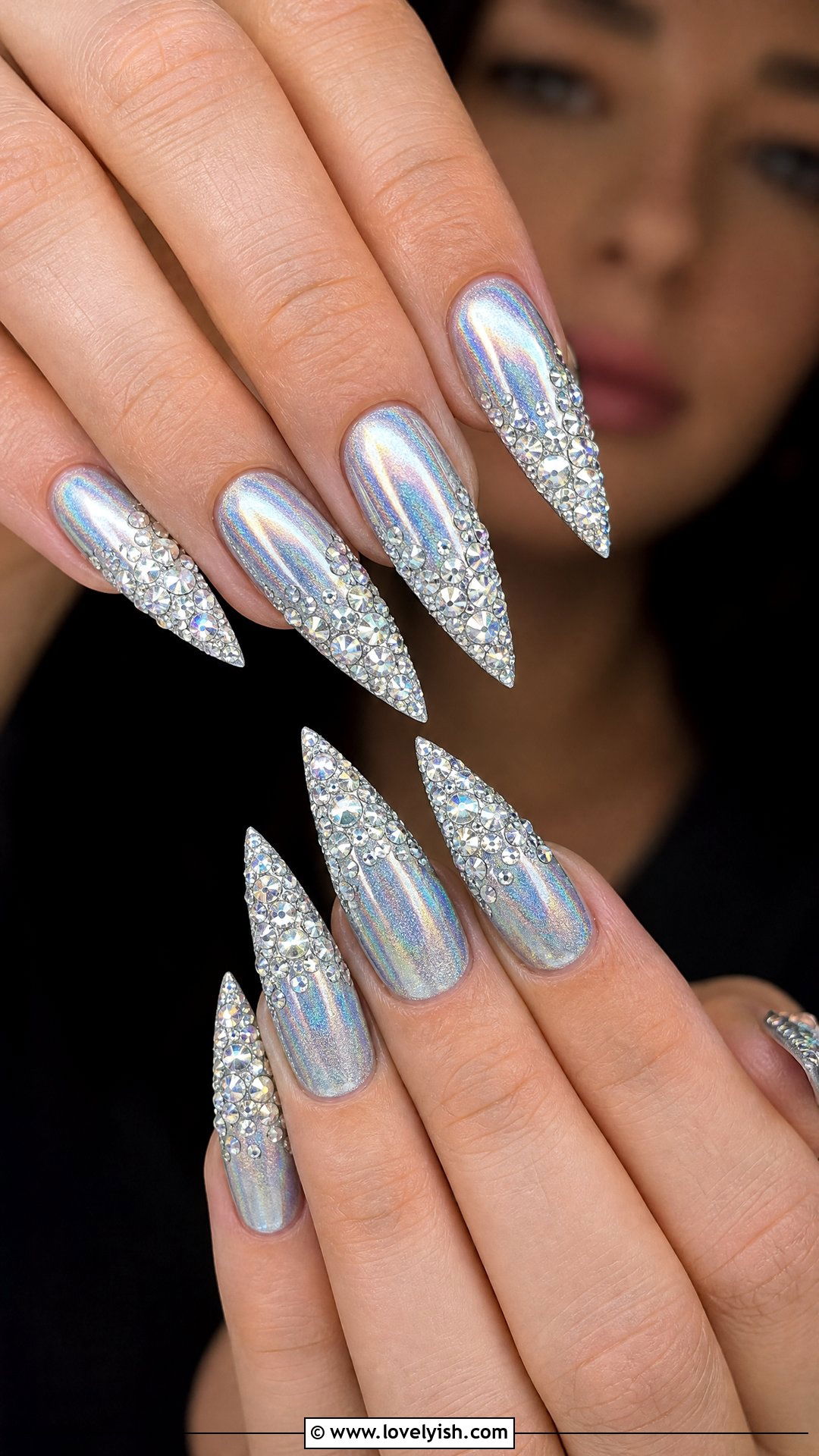 Holographic Silver Nails With Cluster Rhinestone Tips - 29 nail designs with rhinestones - 29 nail designs with rhinestones