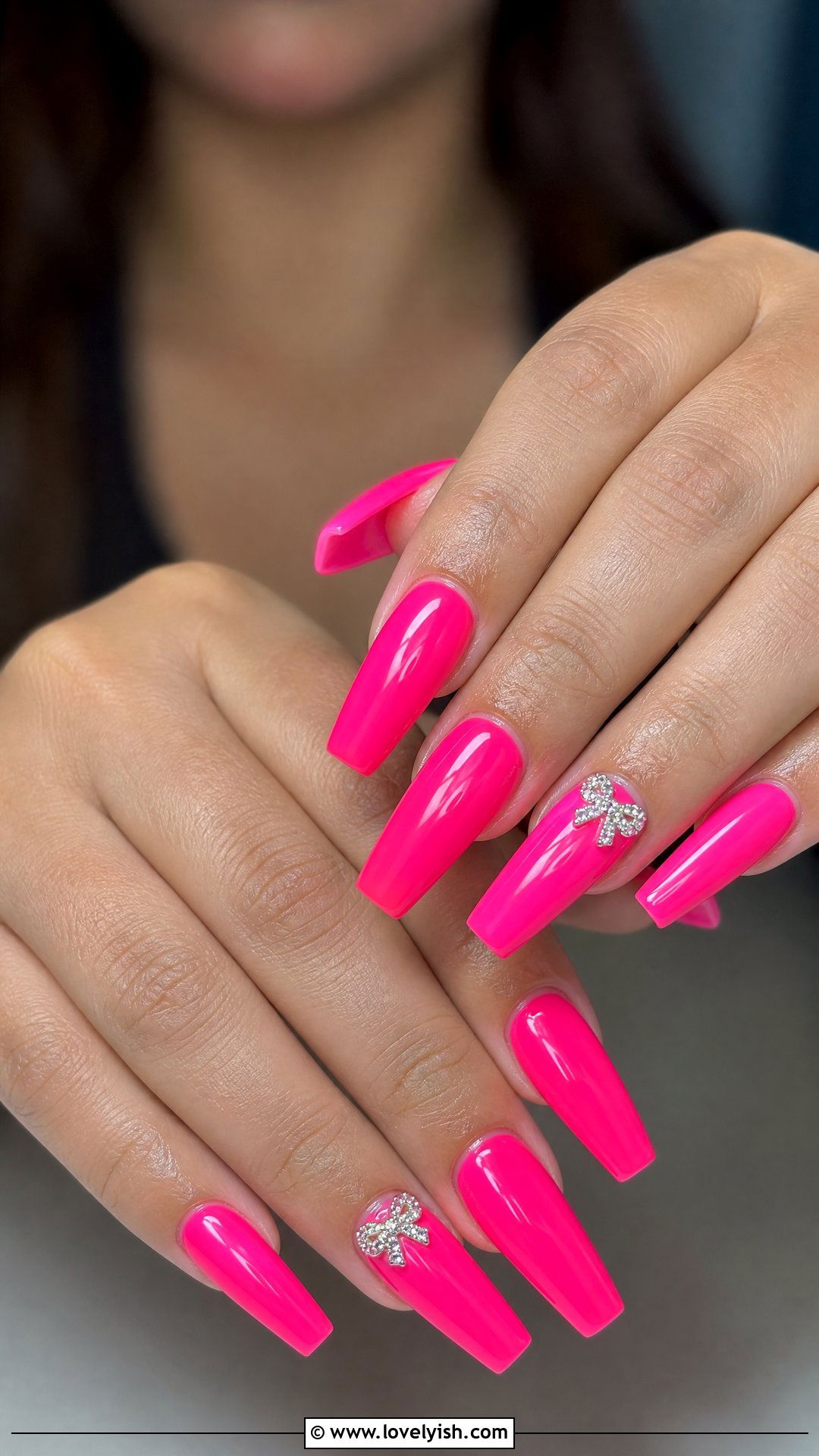 Hot Pink Coffin Nails With Rhinestone Bow - 29 nail designs with rhinestones - 29 nail designs with rhinestones