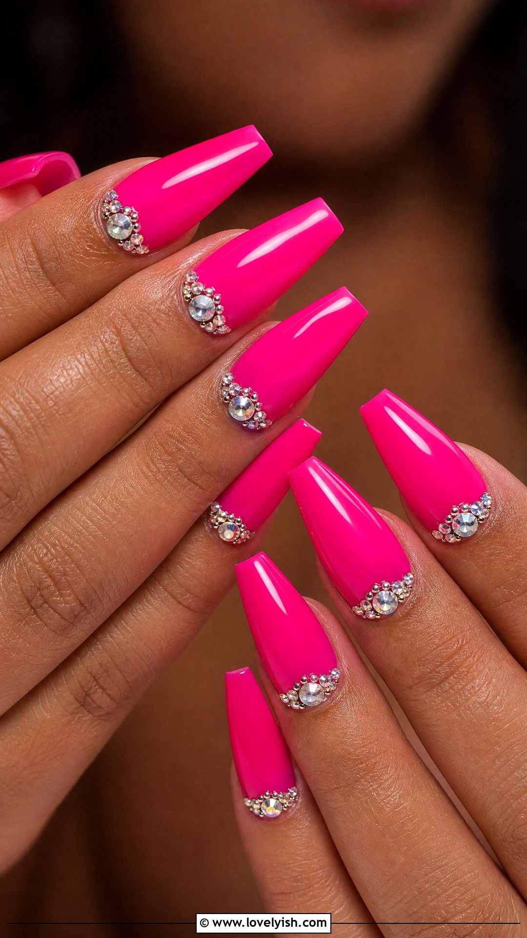 Hot Pink Coffin Nails With Rhinestones - 50 nails - 50 nails