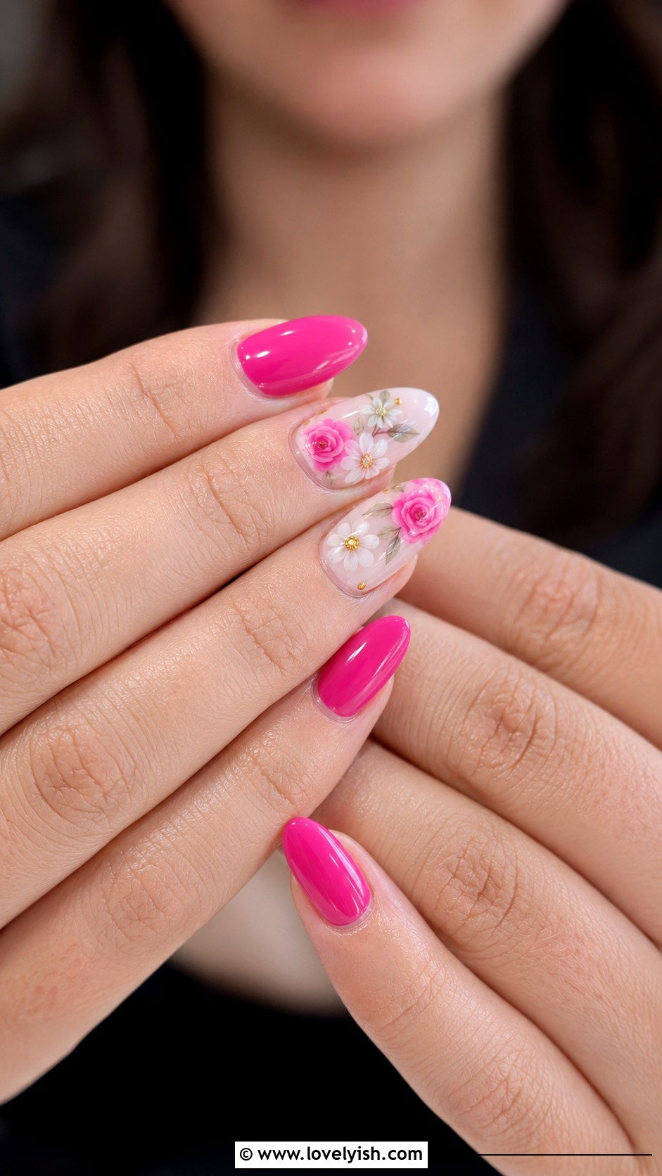 Hot Pink Floral Accent Nails - 25 hot pink nail designs - 25 hot pink nail designs