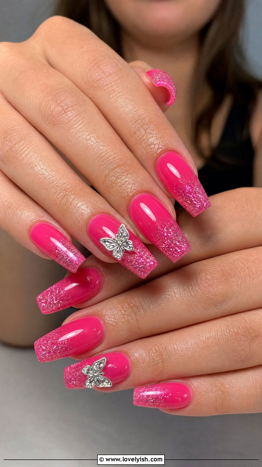 Hot Pink Glitter Butterfly Nails - 50 butterfly nails - 50 butterfly nails