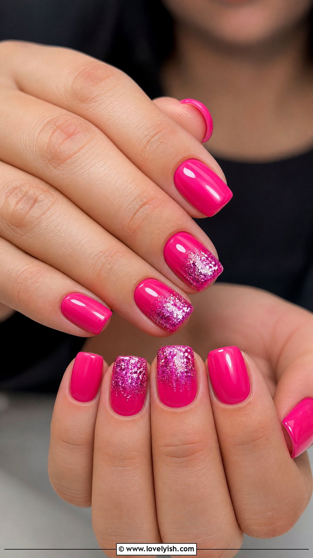 Hot Pink Glitter Short Square Nails - 50 short square nails - 50 short square nails