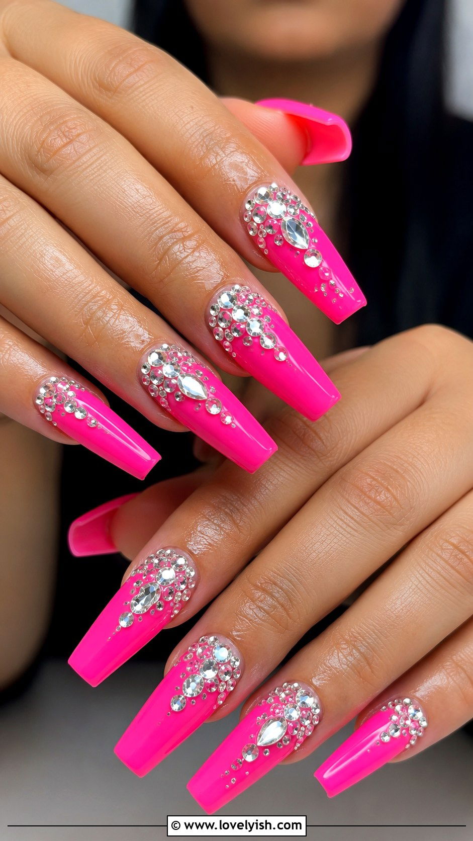 Hot Pink Rhinestone Coffin Baddie Nails - 50 baddie nails - 50 baddie nails