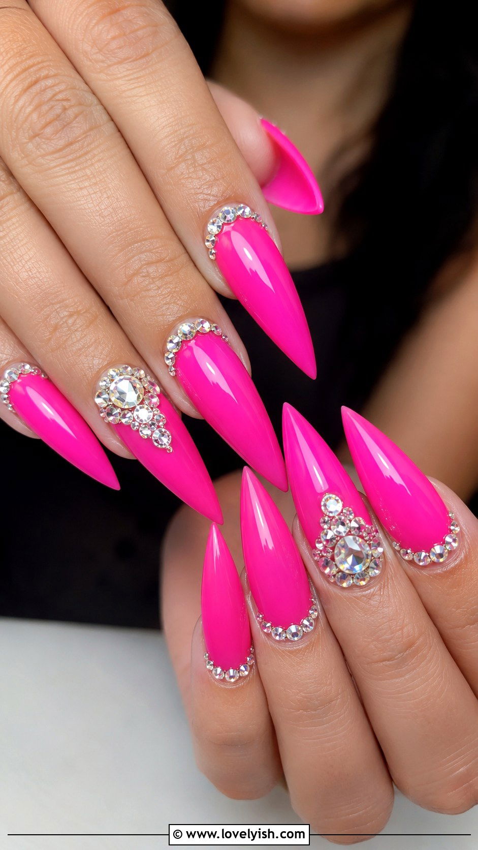 Hot Pink Stiletto Nails With Diamonds - 50 long pink nails - 50 long pink nails