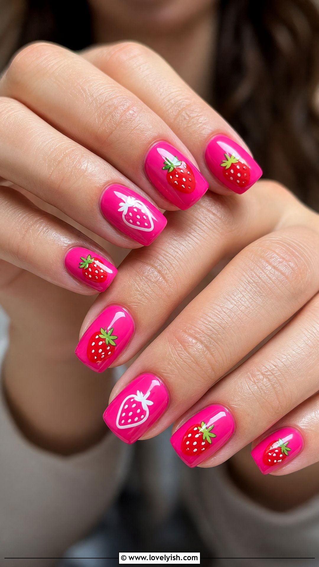 Hot Pink Strawberry Square Nails - 50 strawberry nails - 50 strawberry nails