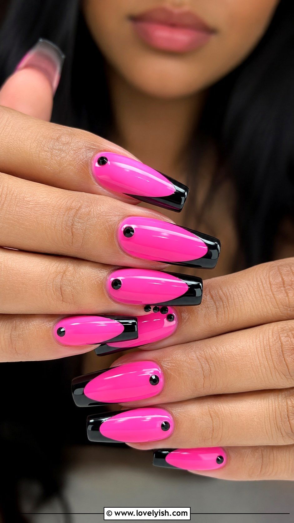 Hot Pink With Black French Tip Coffin Nails - 50 long pink nails - 50 long pink nails