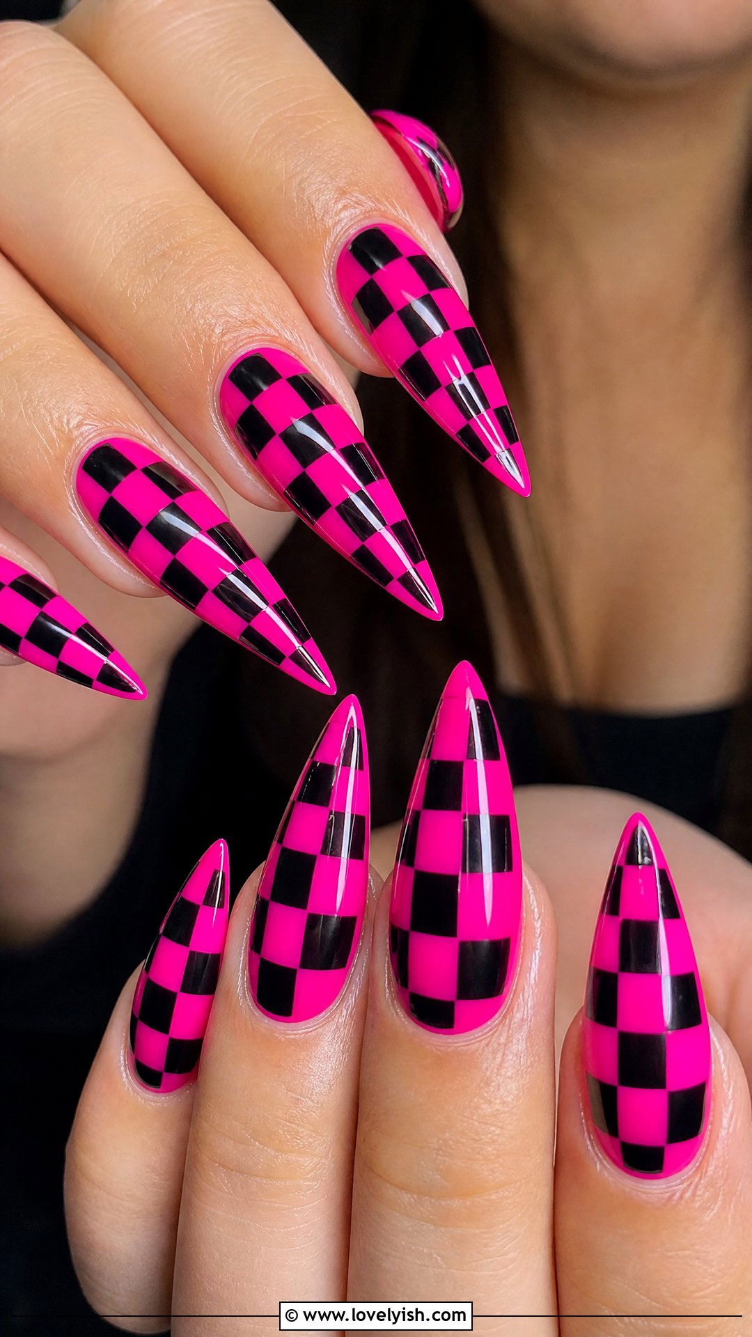 Hot Pink and Black Checkered Nails - 50 checkered nails - 50 checkered nails