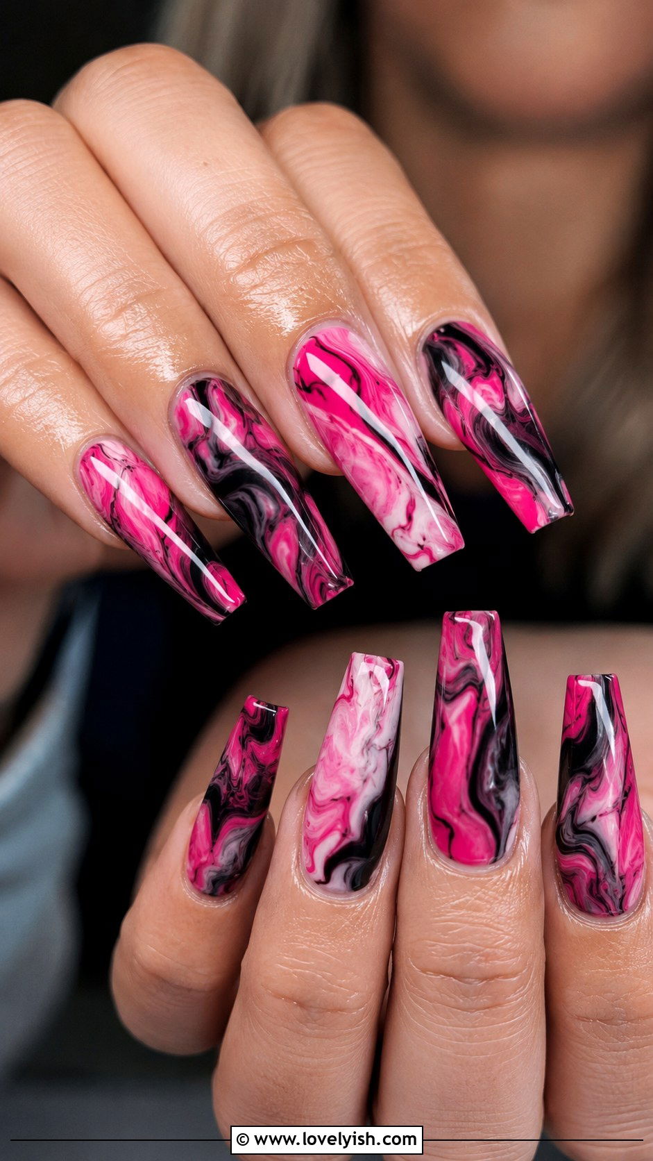 Hot Pink and Black Marble Coffin Nails - 50 long pink nails - 50 long pink nails