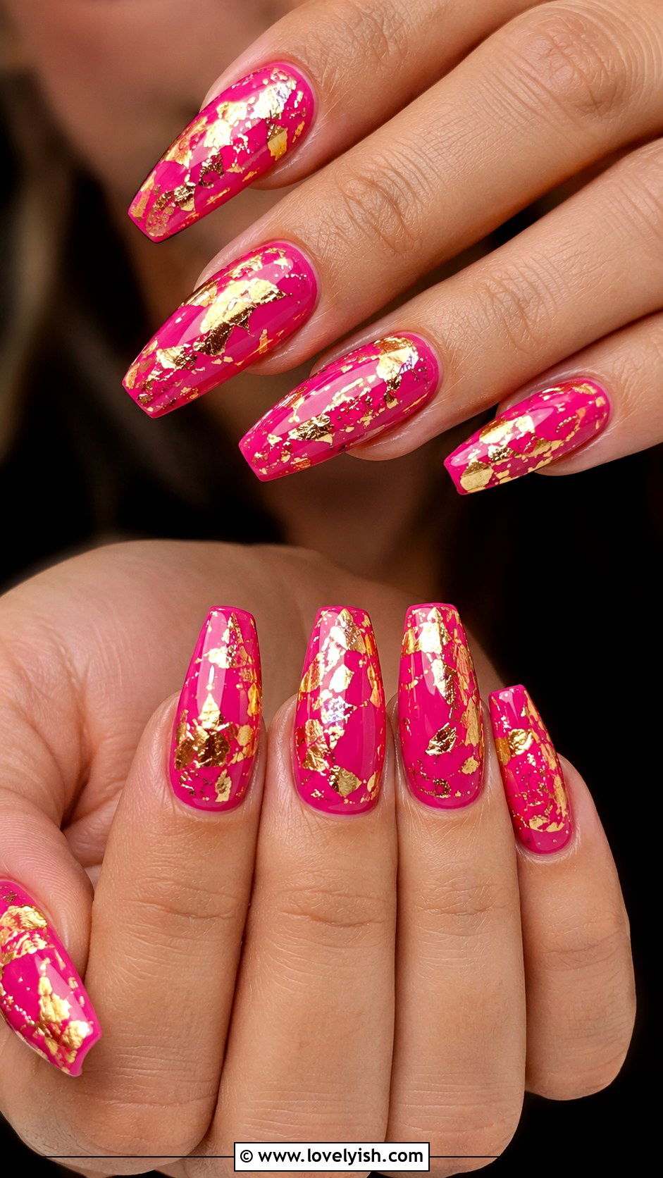 Hot Pink and Gold Foil Nails - 25 hot pink nail designs - 25 hot pink nail designs