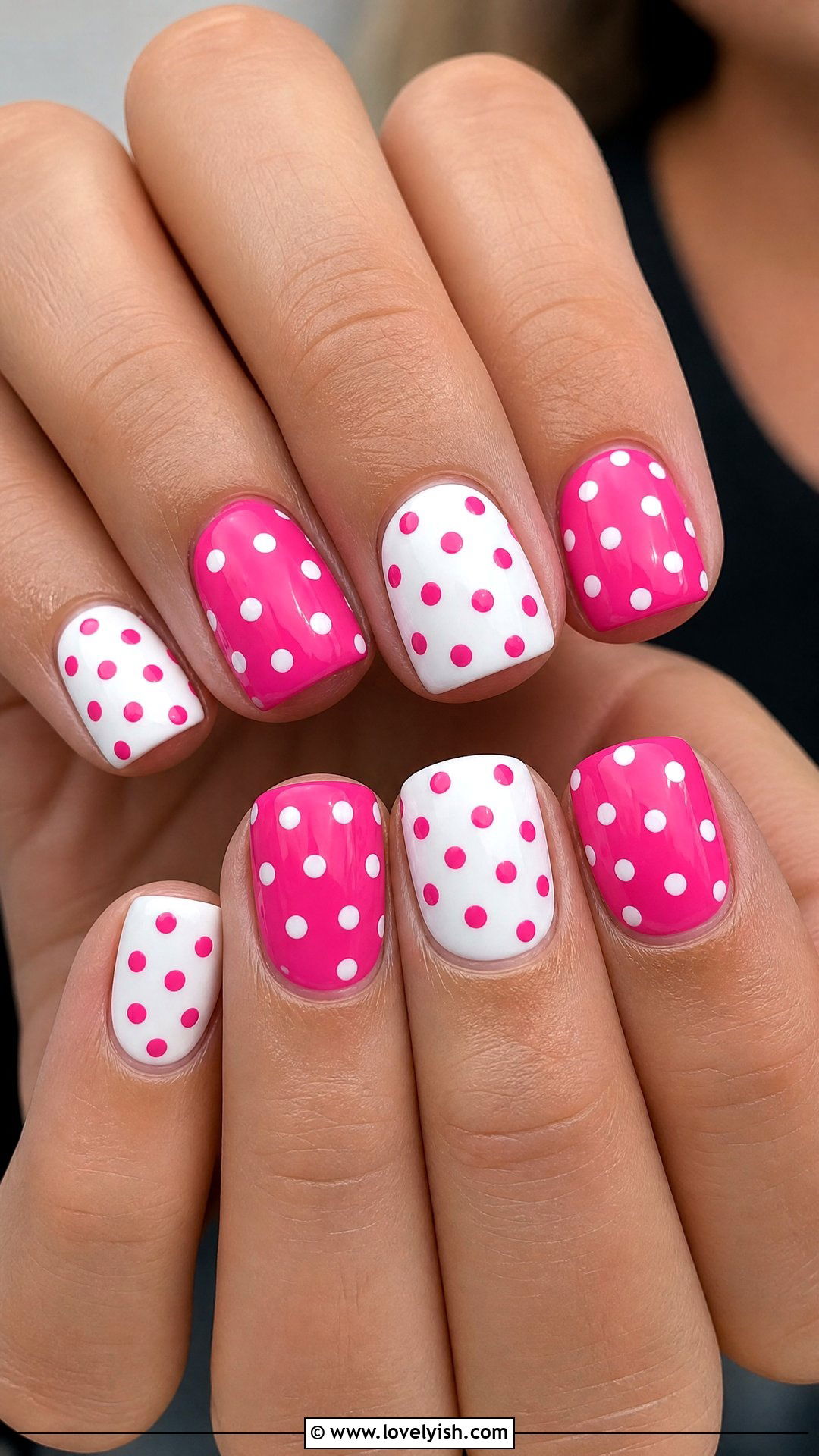 Hot Pink and White Polka Dot Nails - 25 preppy nail designs - 25 preppy nail designs