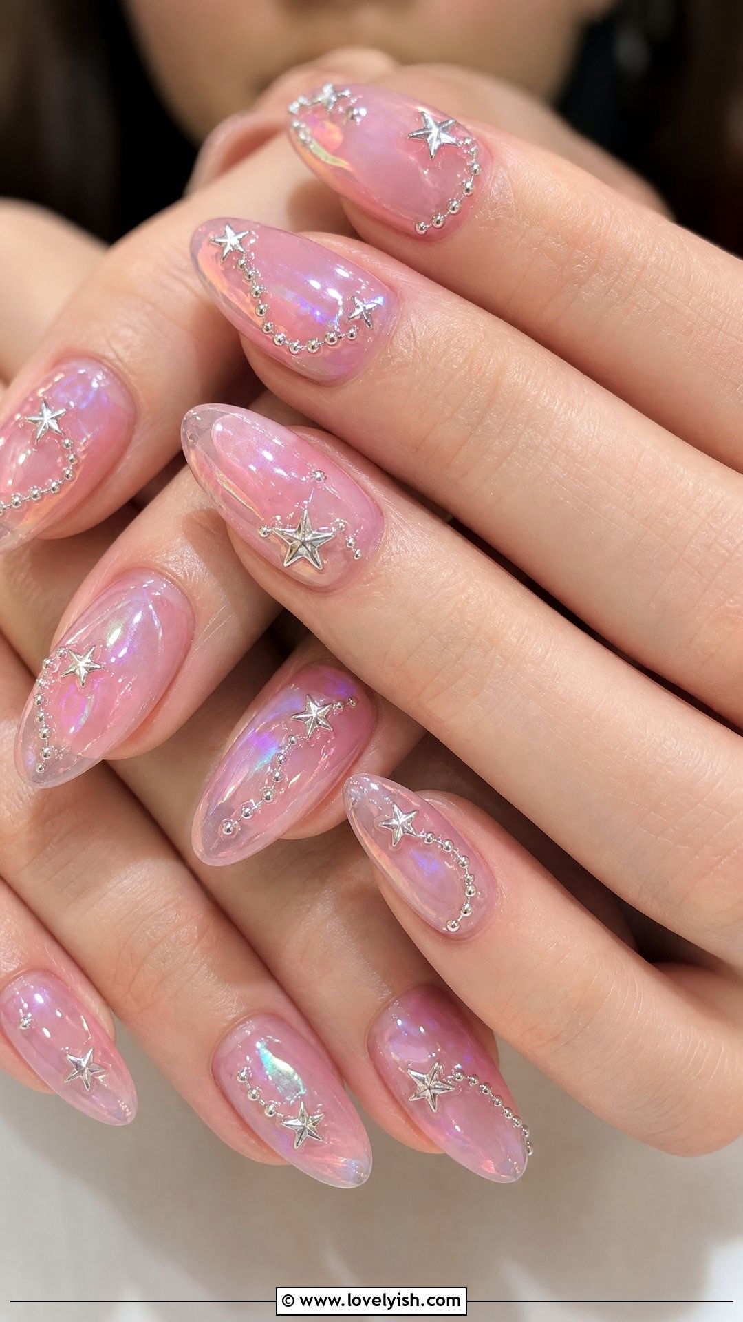 Iridescent Jelly Nails with Star Charms - 25 y2k nail designs - 25 y2k nail designs