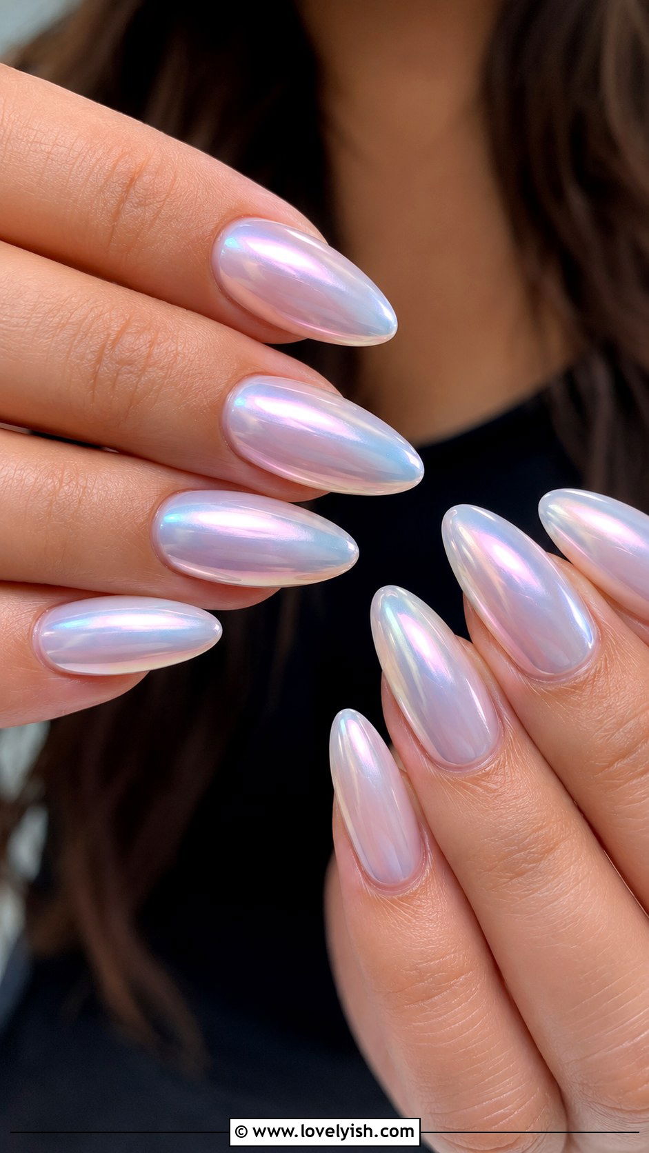 Iridescent Pearl Almond Nails - 43 summer nail designs - 43 summer nail designs