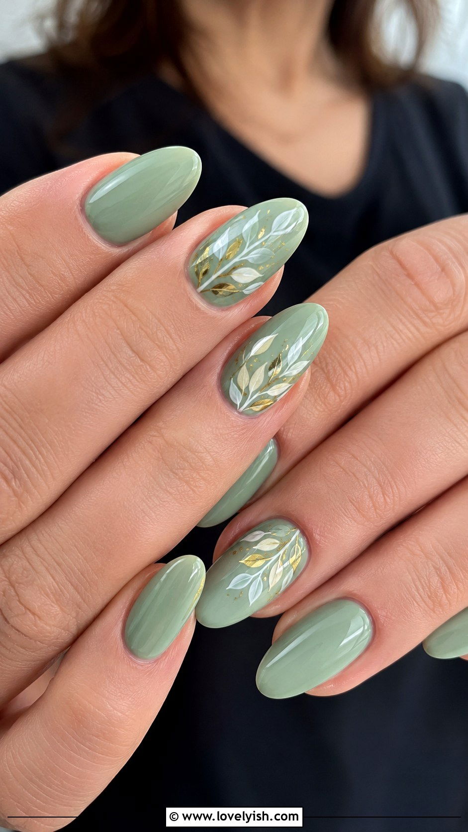 Jade Green Nails with Leaf Accents - 50 green nails - 50 green nails