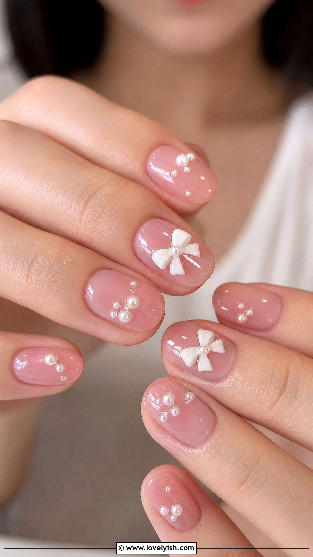 Jelly Pink Nails With Bow And Pearl - 50 jelly pink nails - 50 jelly pink nails