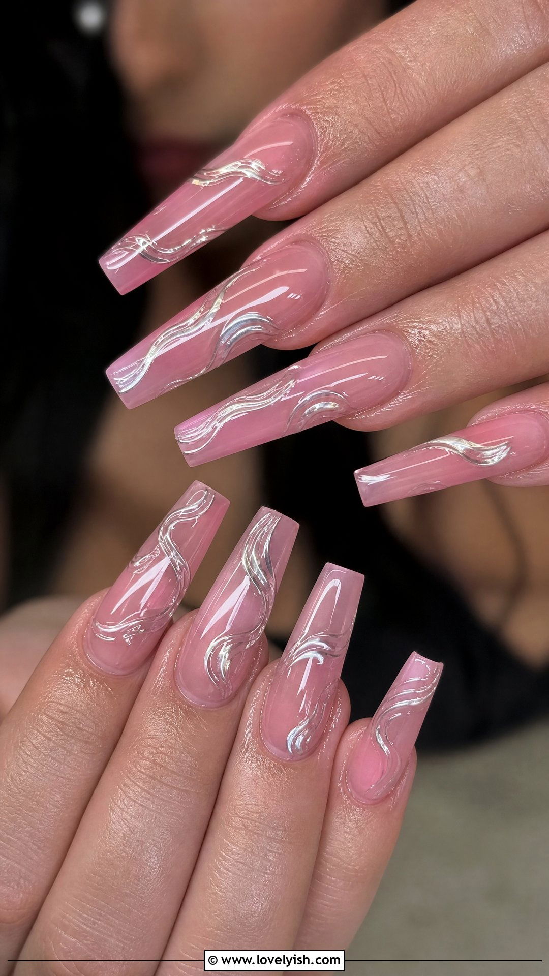Jelly Pink Nails With Chrome Swirls - 50 jelly pink nails - 50 jelly pink nails