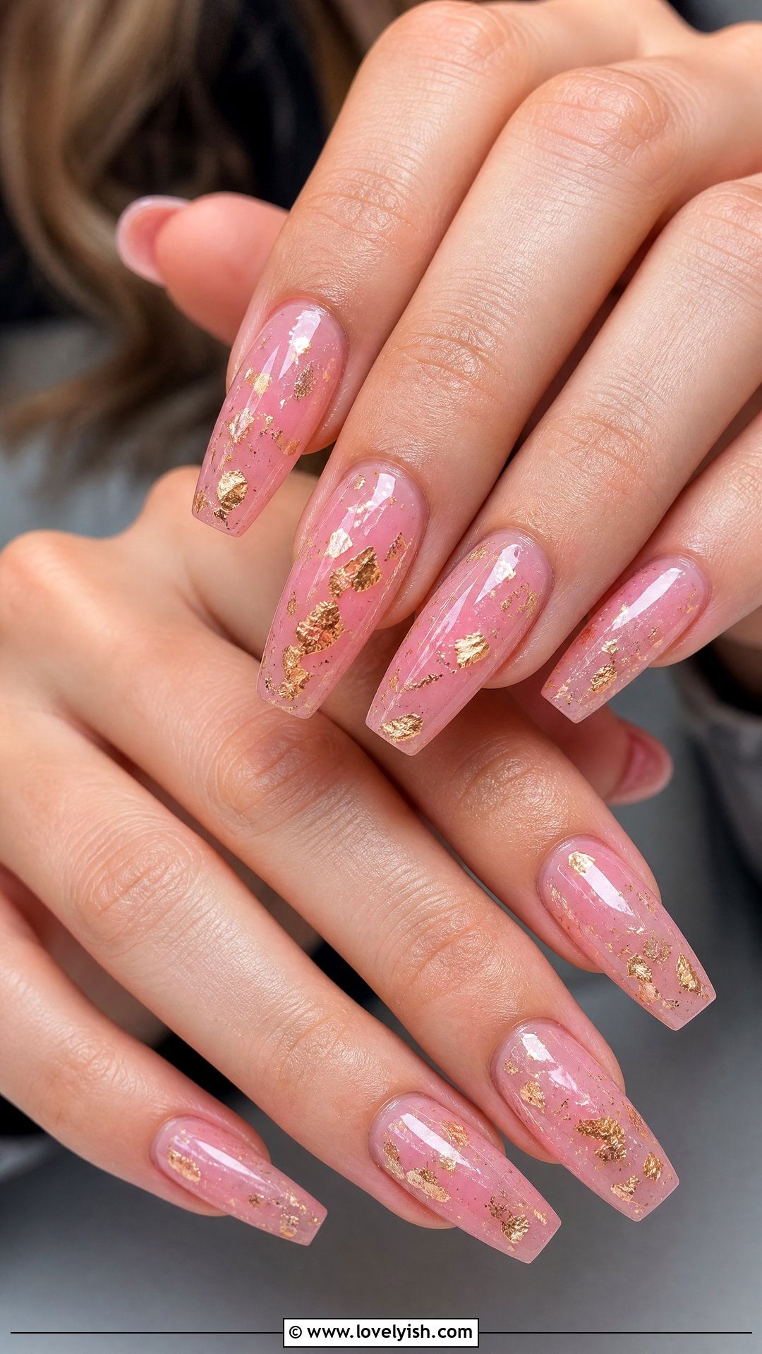Jelly Pink Nails With Gold Foil - 50 jelly pink nails - 50 jelly pink nails