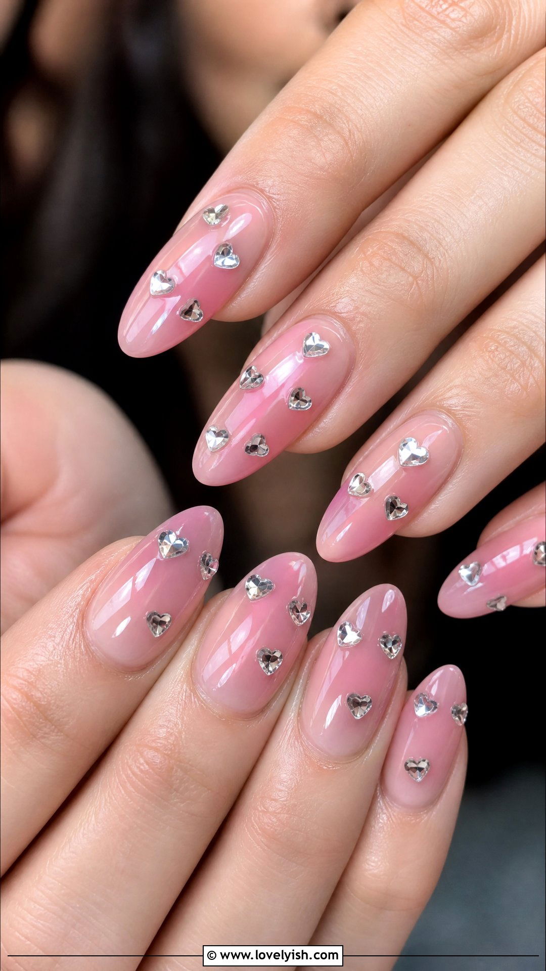 Jelly Pink Nails With Silver Heart Rhinestones - 50 jelly pink nails - 50 jelly pink nails