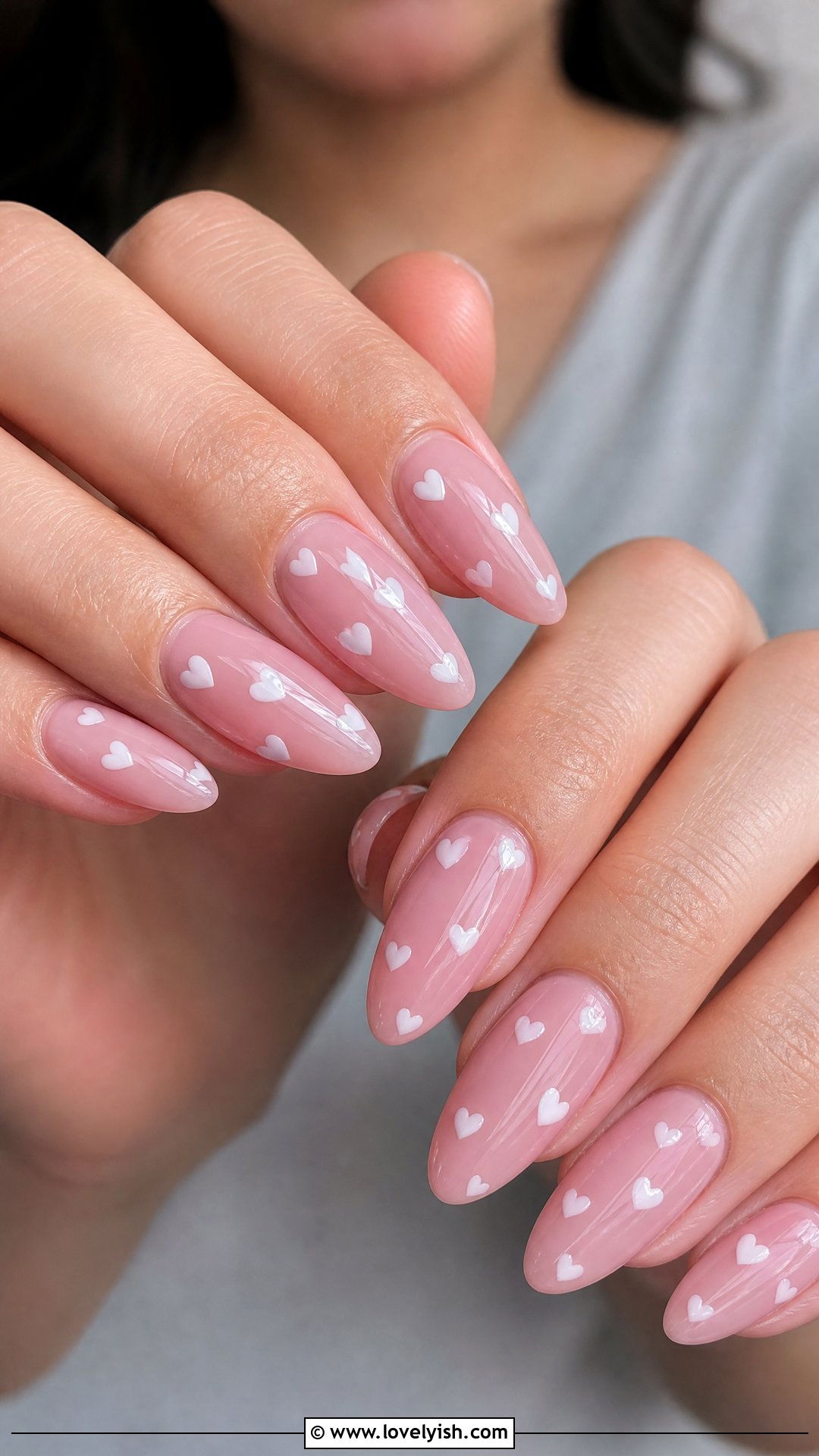 Jelly Pink Nails With White Hearts - 50 jelly pink nails - 50 jelly pink nails