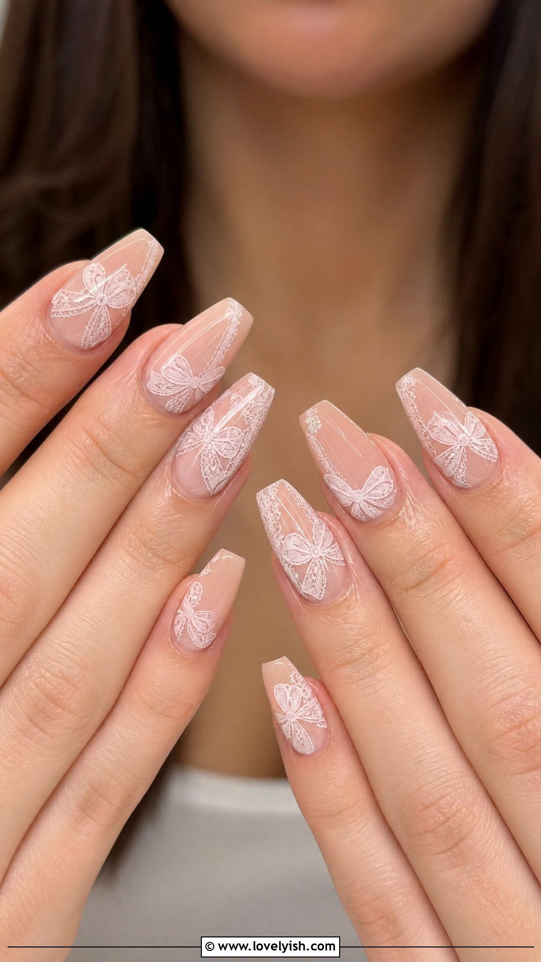 Lace Bow Nails on Nude Base - 25 bow nail design ideas - 25 bow nail design ideas