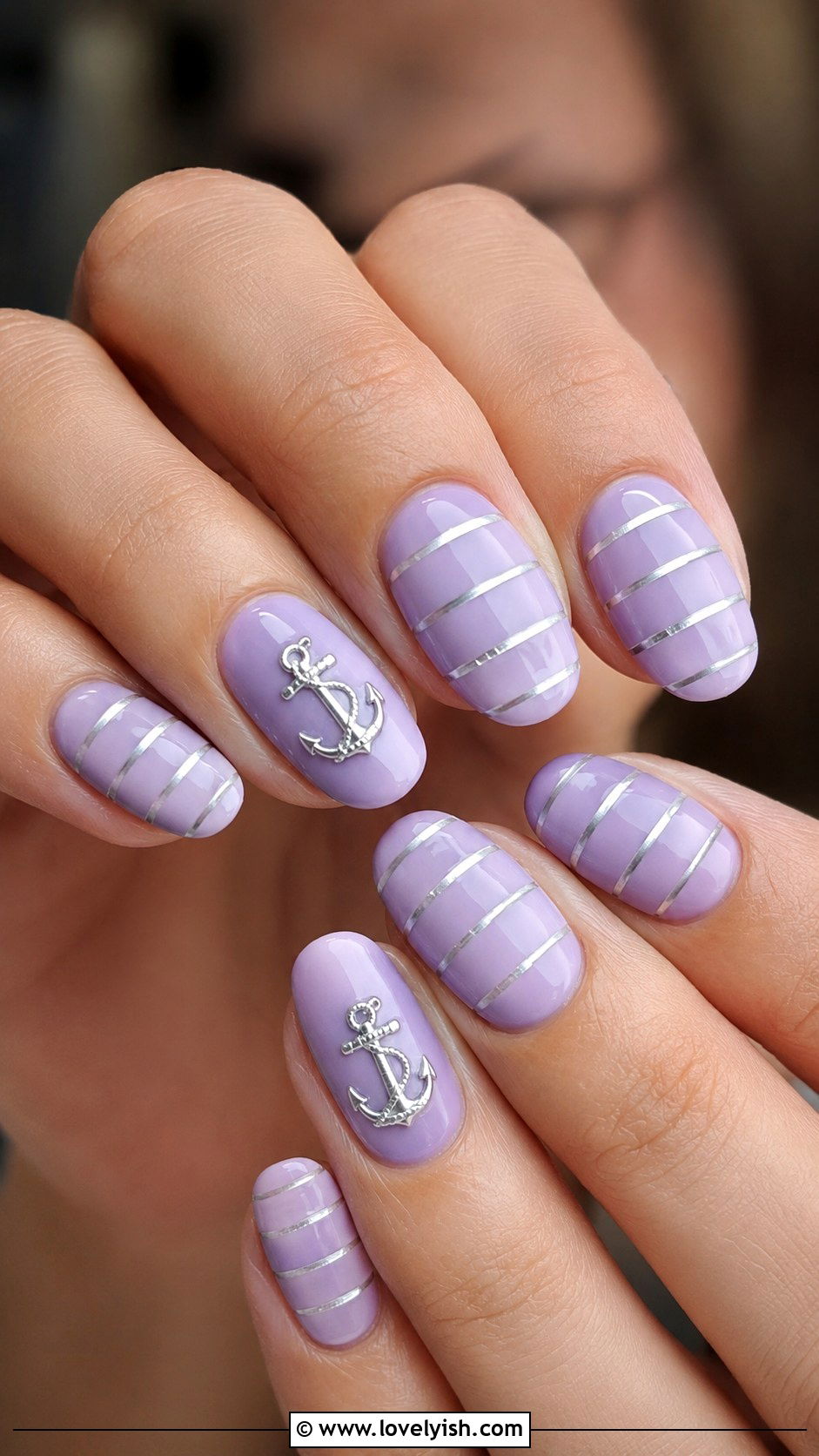 Lavender Anchor With Silver Stripes - 50 anchor nail designs - 50 anchor nail designs