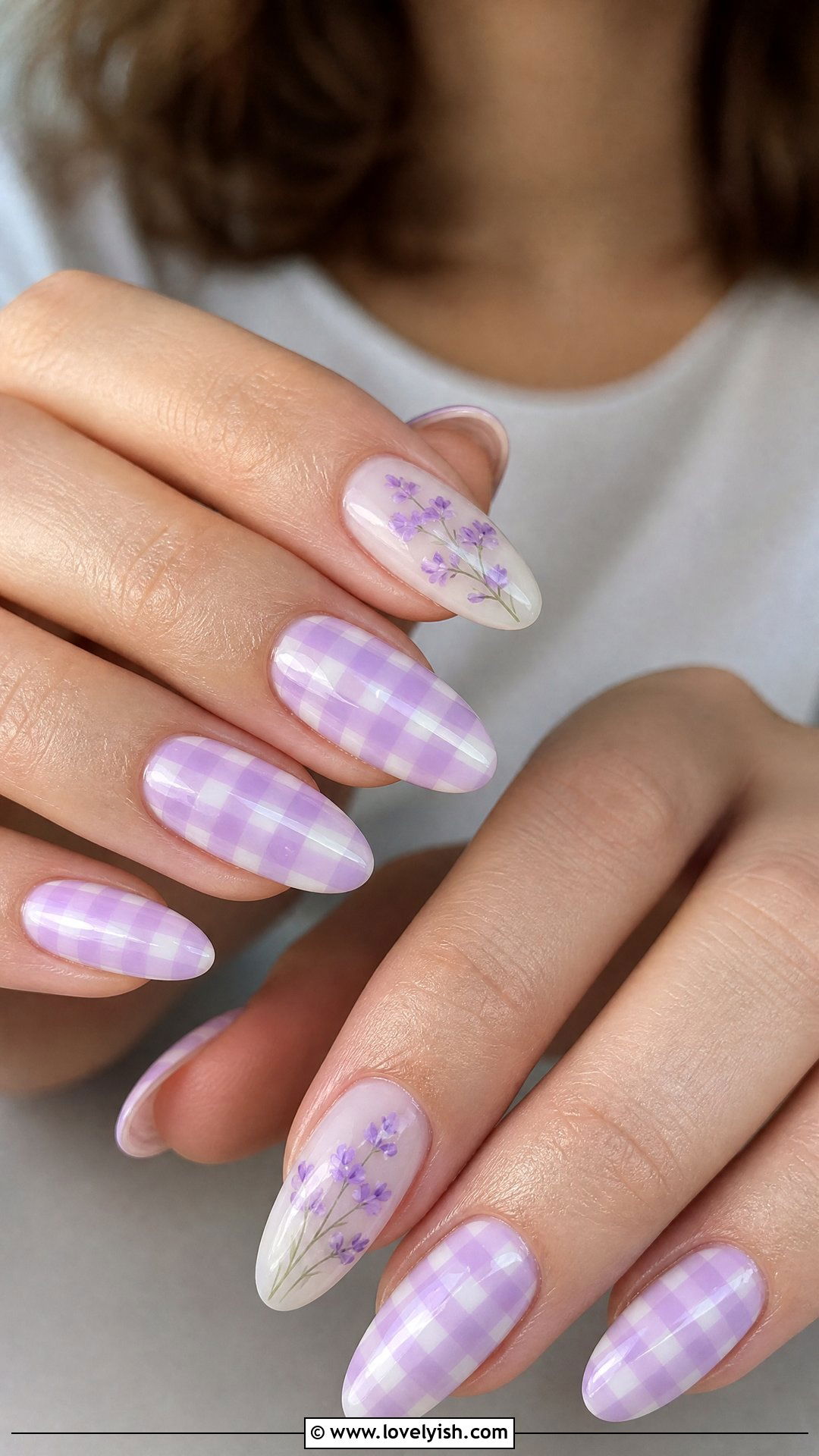 Lavender Checkered Nails with Floral Accent - 25 checkered nail designs - 25 checkered nail designs