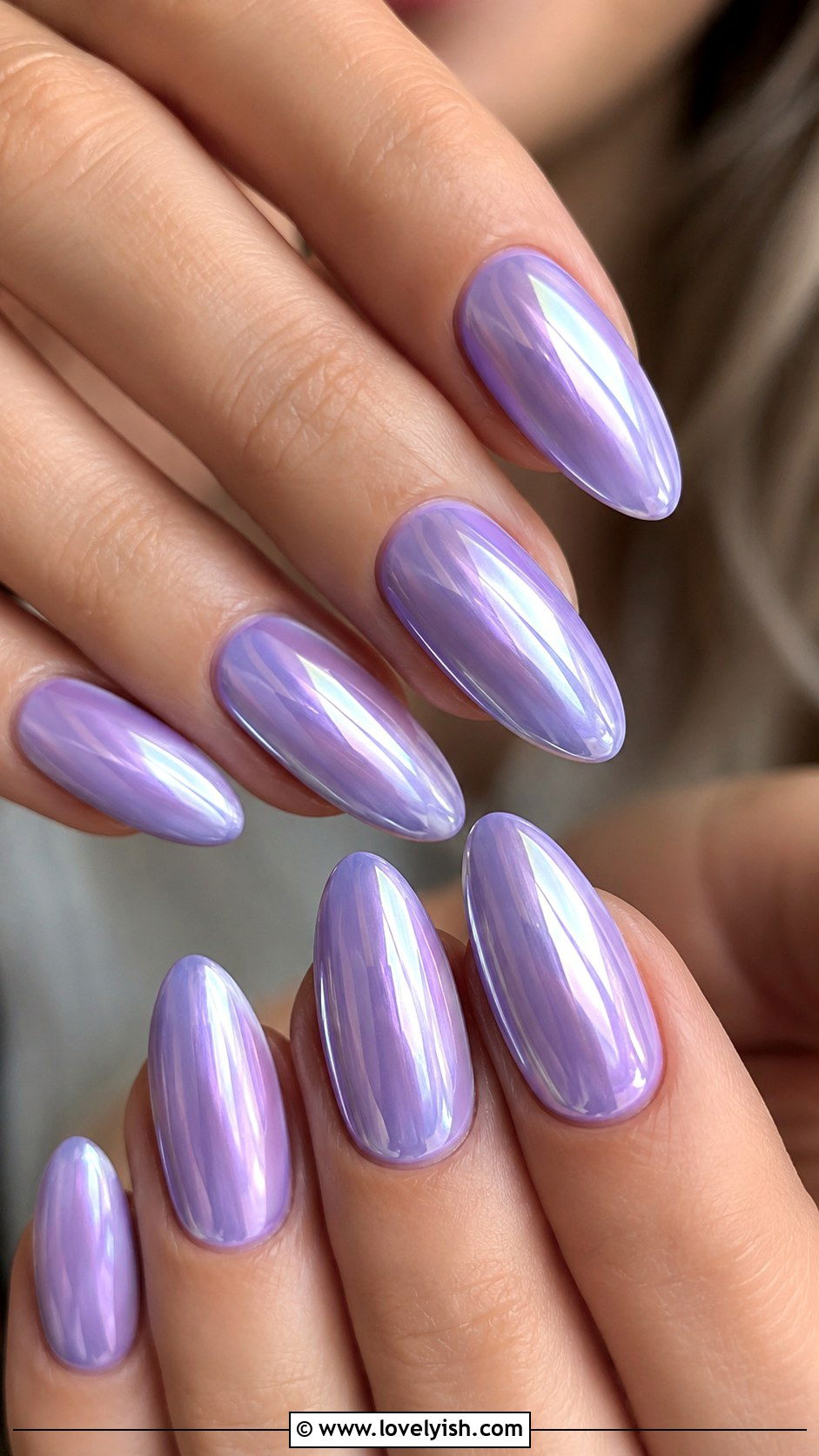 Lavender Chrome Almond Nails - 33 spring nail design ideas - 33 spring nail design ideas