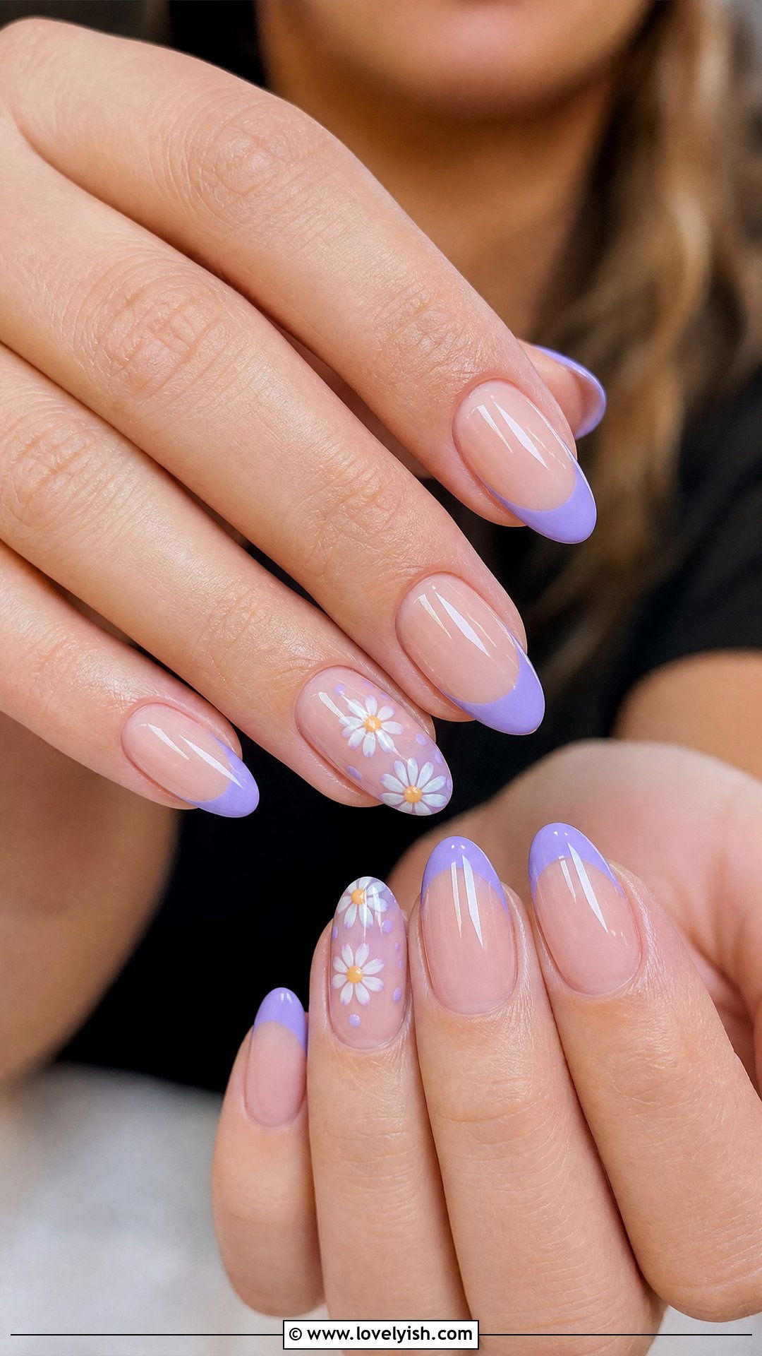Lavender Daisy French Tip Nails - 50 cute spring nail designs - 50 cute spring nail designs
