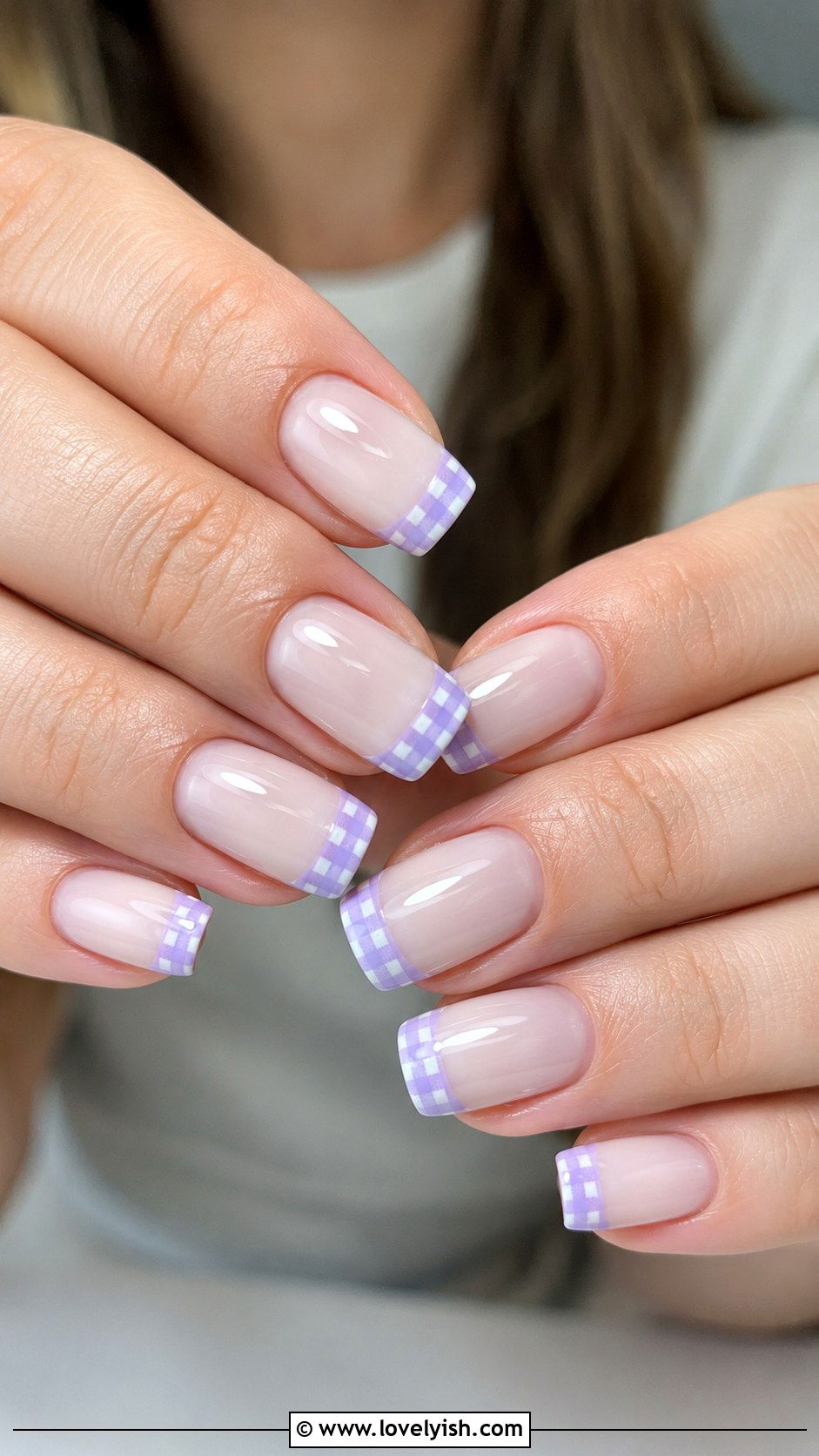 Lavender Gingham French Nails - 42 spring nail ideas - 42 spring nail ideas
