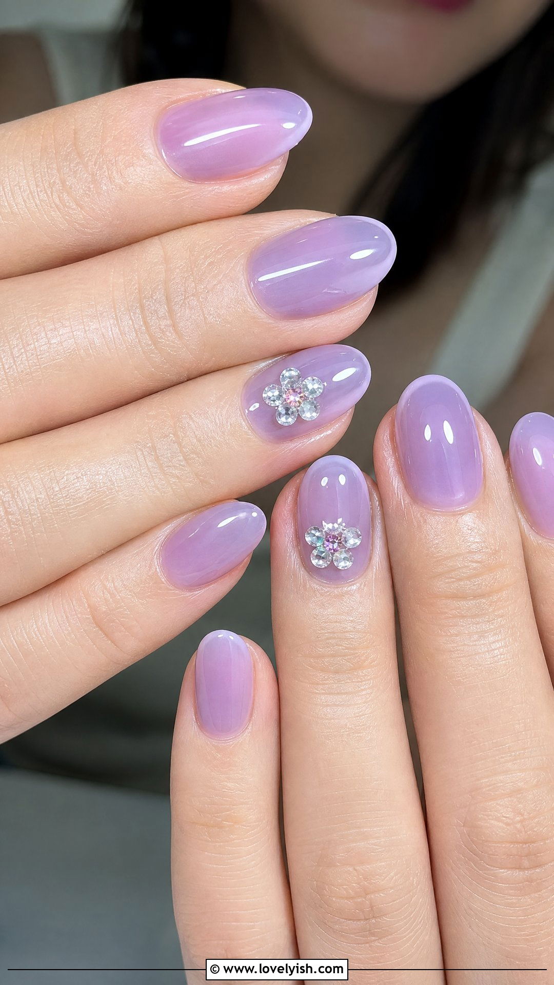 Lavender Jelly Nails With 3D Rhinestone Flowers - 29 nail designs with rhinestones - 29 nail designs with rhinestones