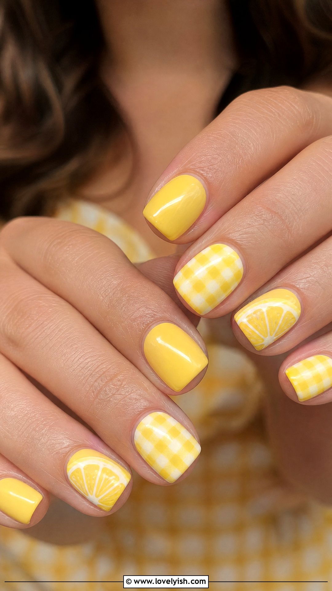 Lemon Gingham Nails - 50 lemon nail design ideas - 50 lemon nail design ideas