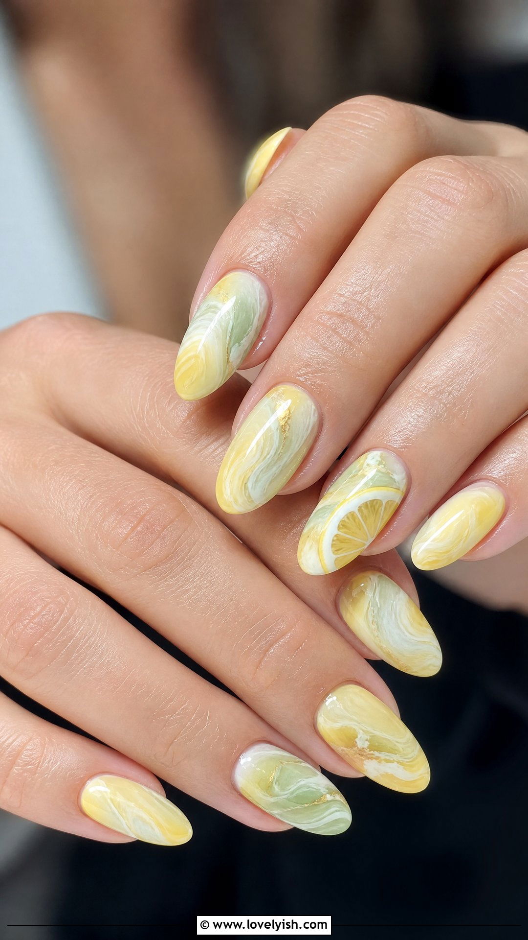 Lemon Marble Swirl Nails - 50 lemon nail design ideas - 50 lemon nail design ideas