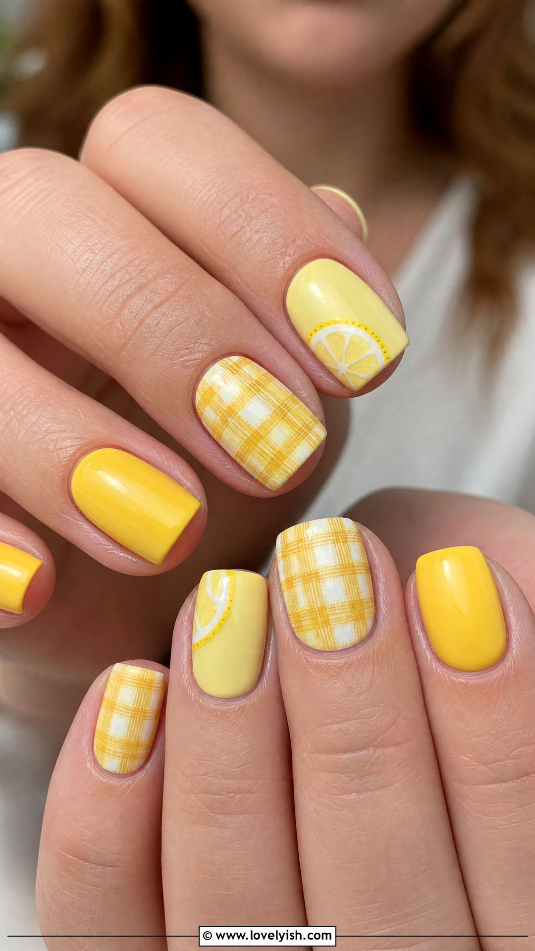 Lemon Picnic Plaid Nails - 50 lemon nail design ideas - 50 lemon nail design ideas