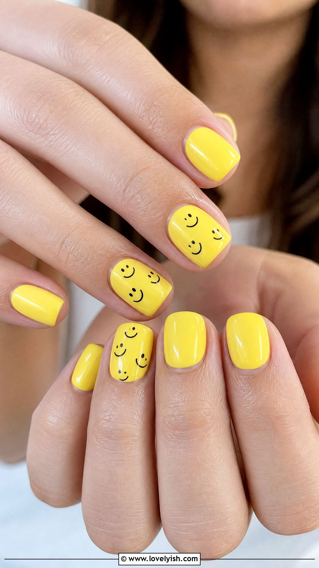Lemon Yellow Smiley Face Short Square Nails - 50 short square nails - 50 short square nails