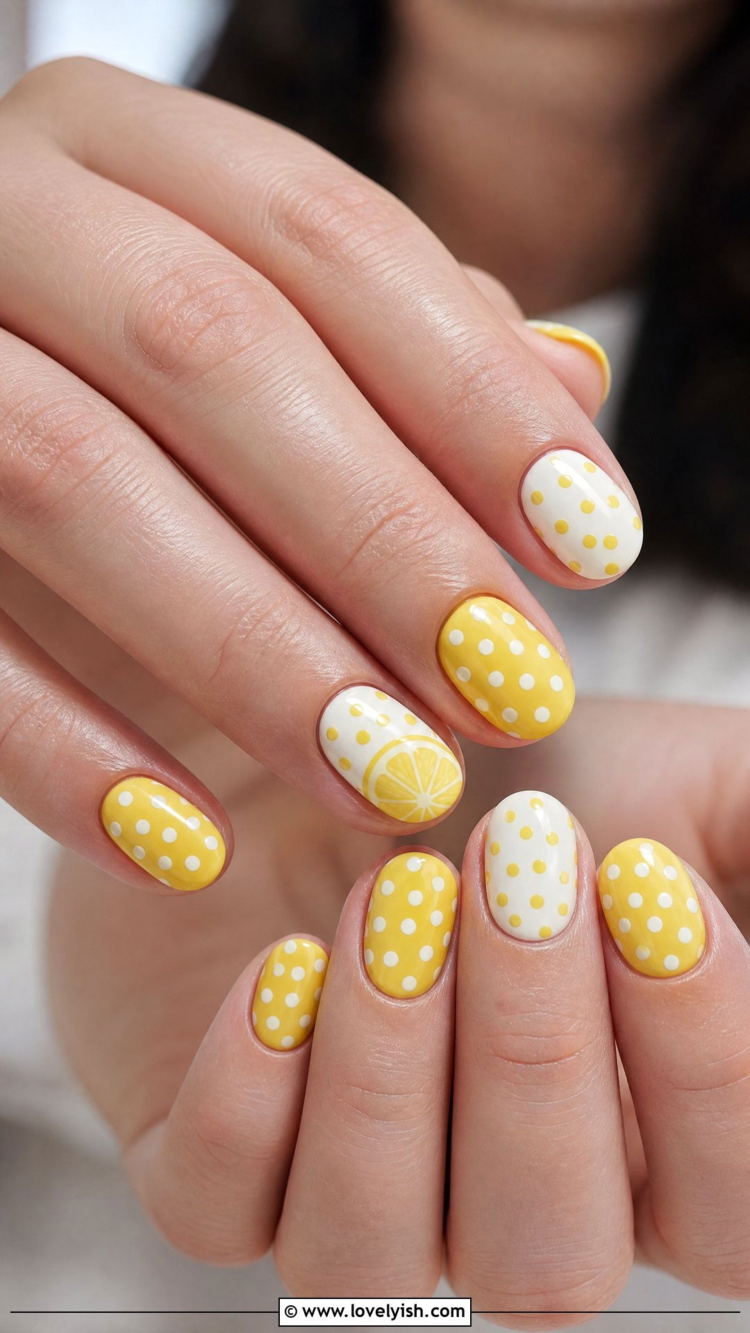Lemon and White Polka Dot Nails - 50 lemon nail design ideas - 50 lemon nail design ideas