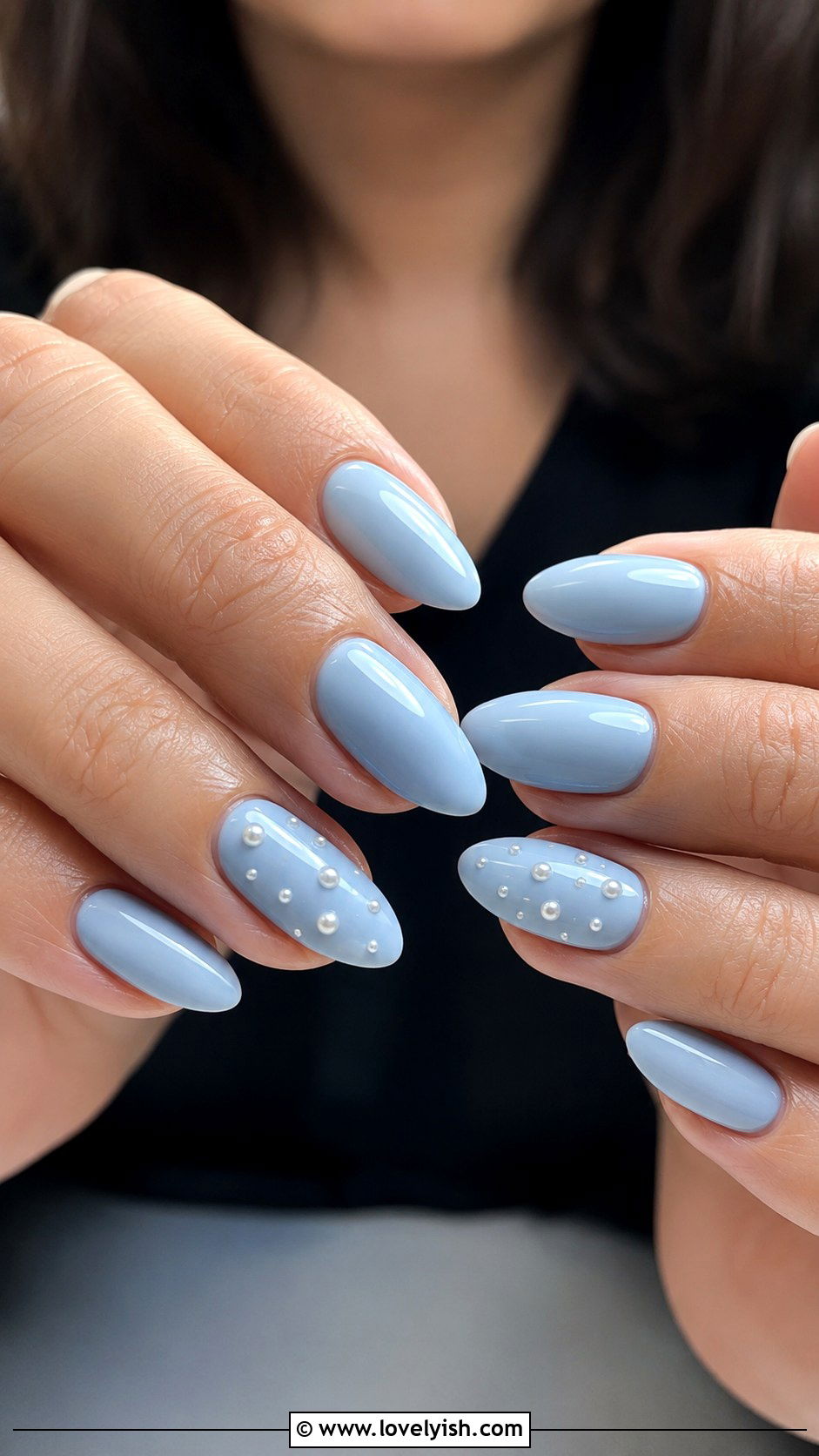Light Blue Pearl Accent Nails - 38 blue nail designs - 38 blue nail designs