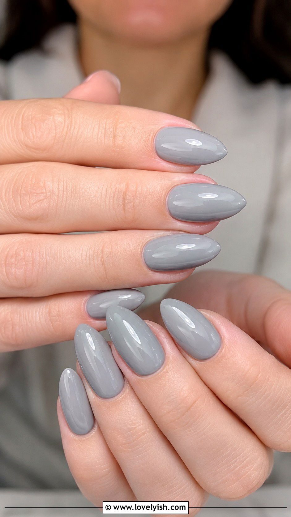 Light Grey Glossy Almond Nails - 50 grey nail designs - 50 grey nail designs