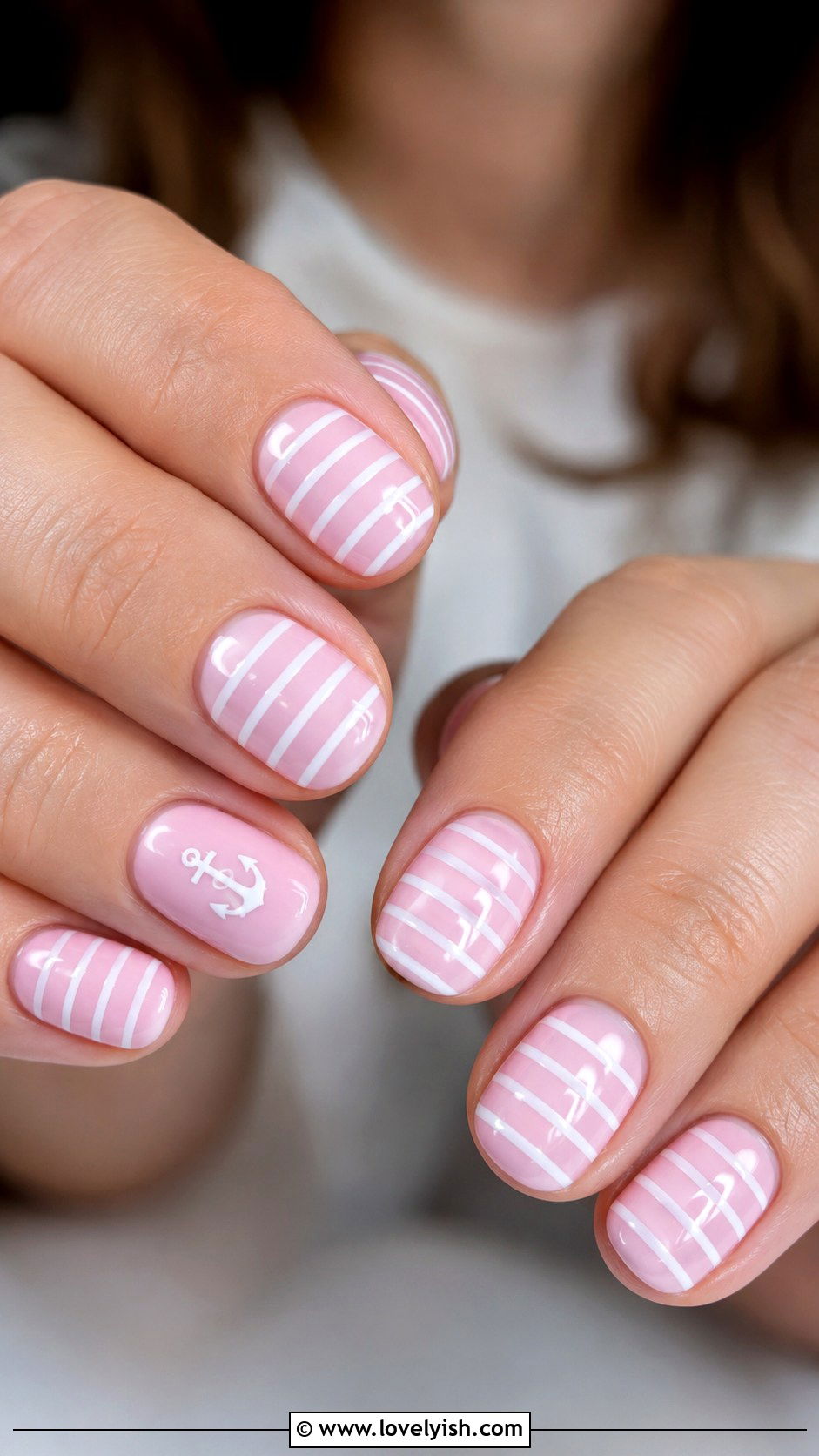 Light Pink Anchor With White Stripes - 50 anchor nail designs - 50 anchor nail designs